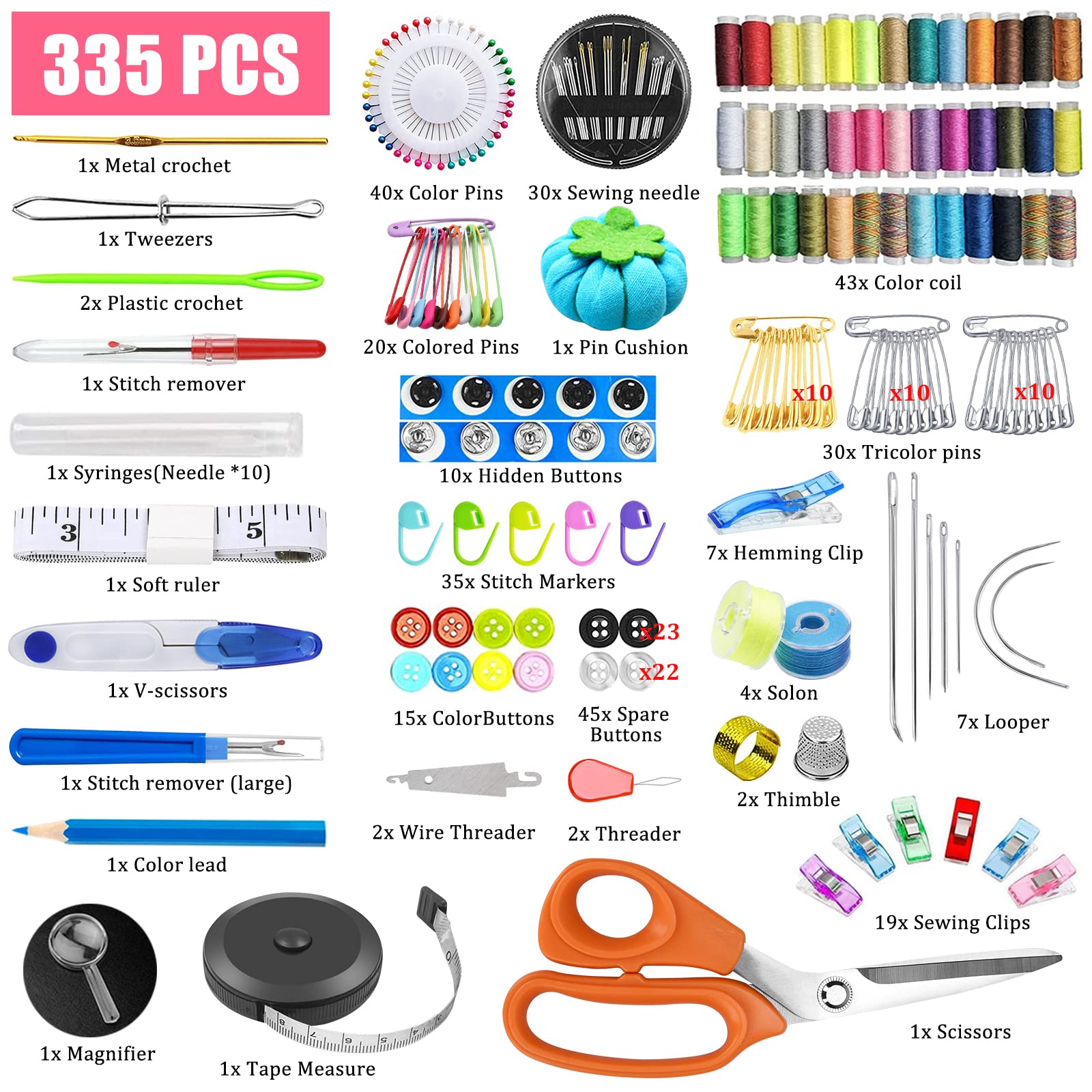 TOPSEAS Kit da Cucito,Set da Cucito,335 Pezzi Premium Kit di Accessori da Cucito con Custodia per Trasporto,con Forbici, Ditale da Cucire, Filo, Aghi,Accessori Completi per Principianti,viaggiatori