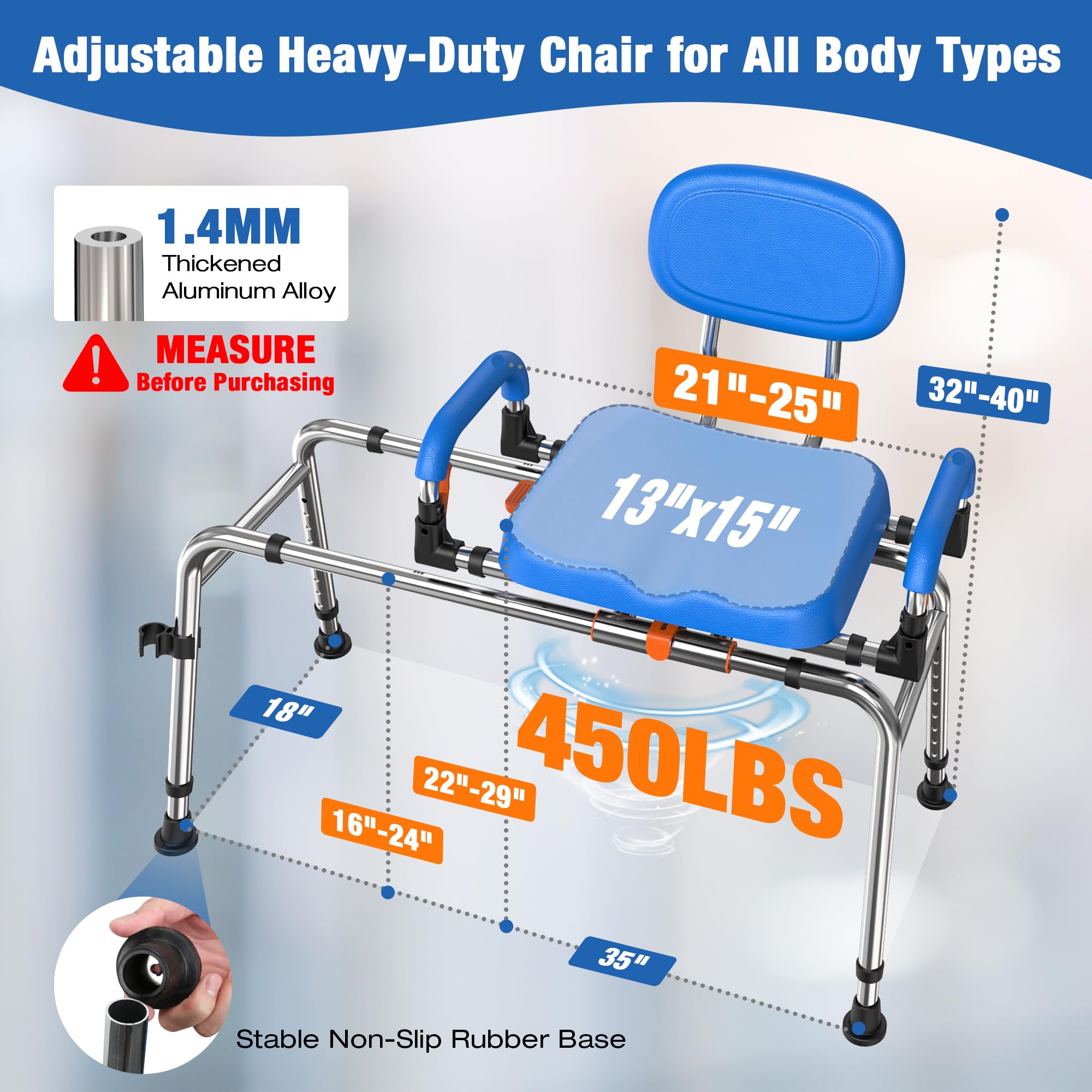 WHLICKS Silla de Ducha Deslizante con Asiento Giratorio Ancho de 360°, Banco de Transferencia de bañera de 450 Libras para bañera, Altura Ajustable y Ancho de Brazos para Ducha Interior, Silla de