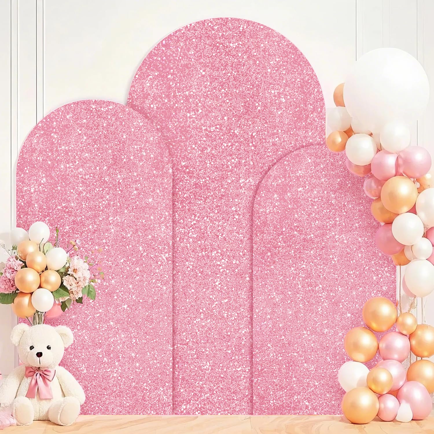 PATYDEST Wedding Arch Set - 3 Sequin Arch Backdrop Covers (6FT, 5FT, 4FT) Pink Gold Shimmer Sparkle Chiara Backdrop Stand Cover Stretchy Fabric for