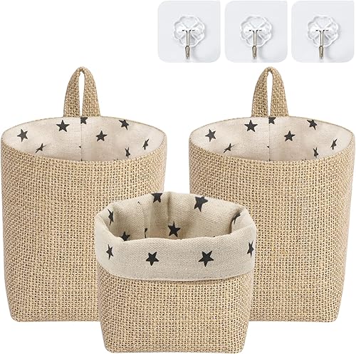 FYY Pequeñas bolsas de almacenamiento colgantes con ganchos (paquete de 3) cesta de pared pequeña Cesta colgante de lino de algodón para pared,