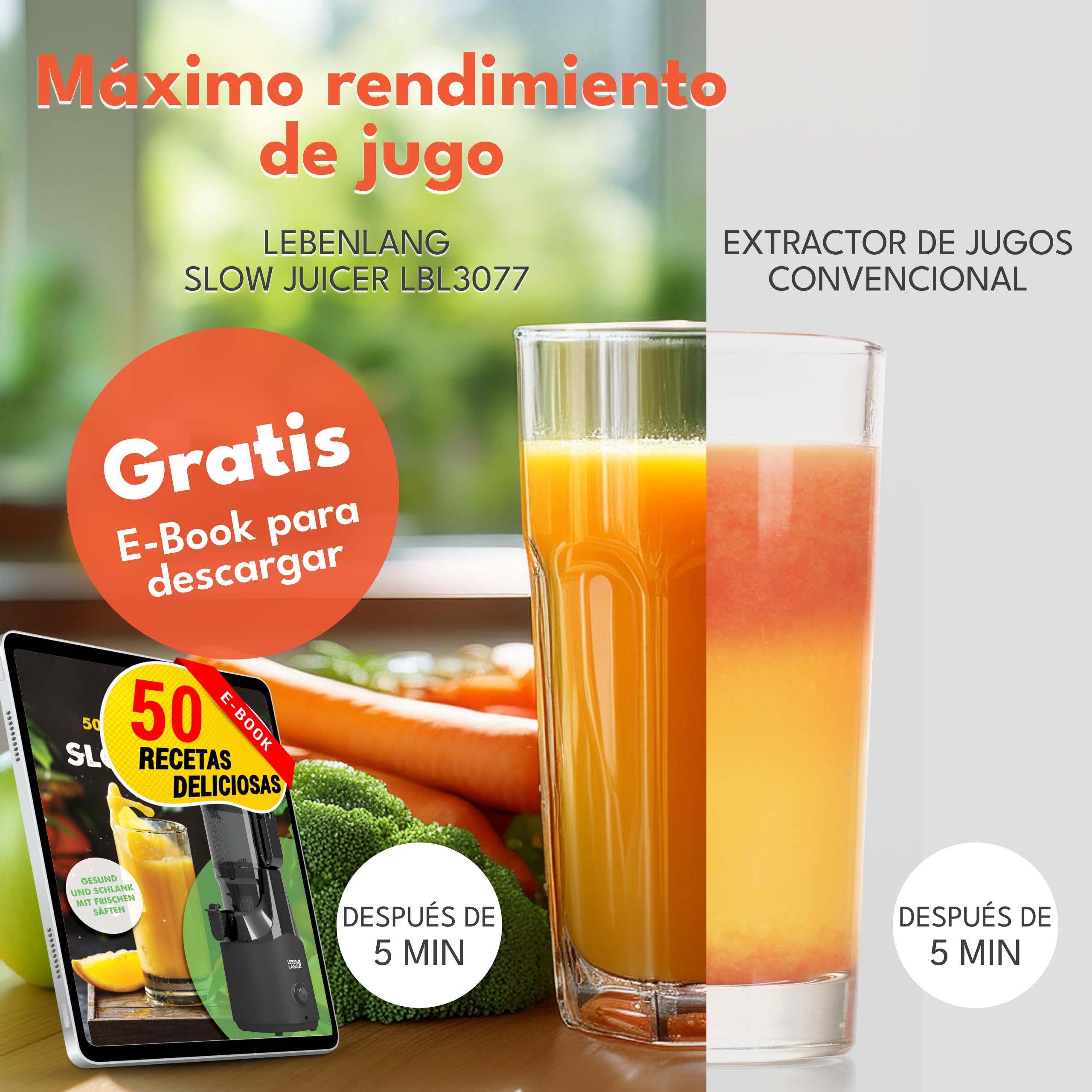 LEBENLANG Extractor de zumos y verduras - Incl. libro de recetas & gran abertura 130 mm I Perfecto para frutas enteras 100% libre de BPA I Licuadoras para batidos Slow Juicer machine prensado en frio