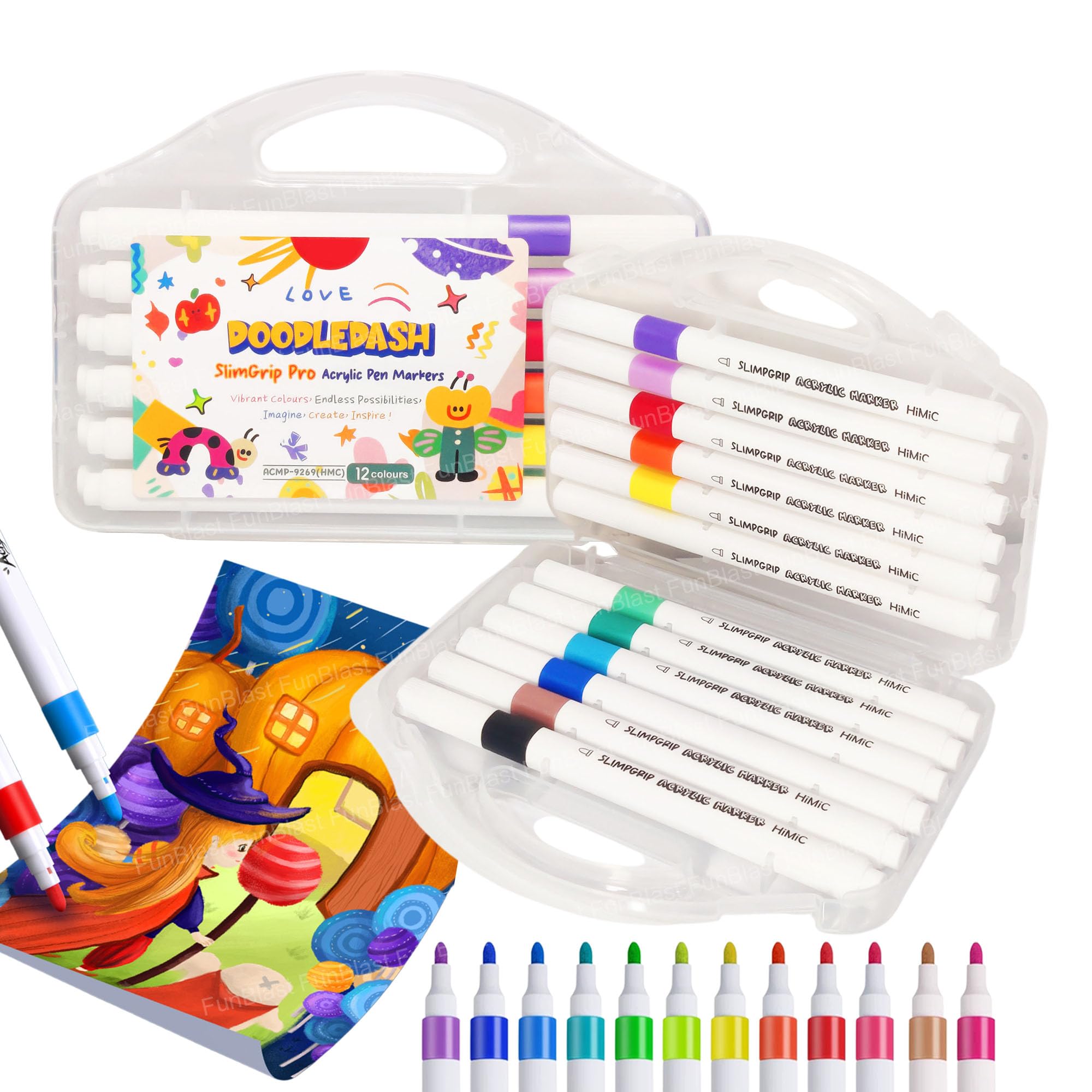 FunBlast Acrylic Paint Markers – Set of 12 Vibrant Colors, Permanent Water-Based Marker Pens for Rock Painting, DIY Crafts, Canvas, Glass & More