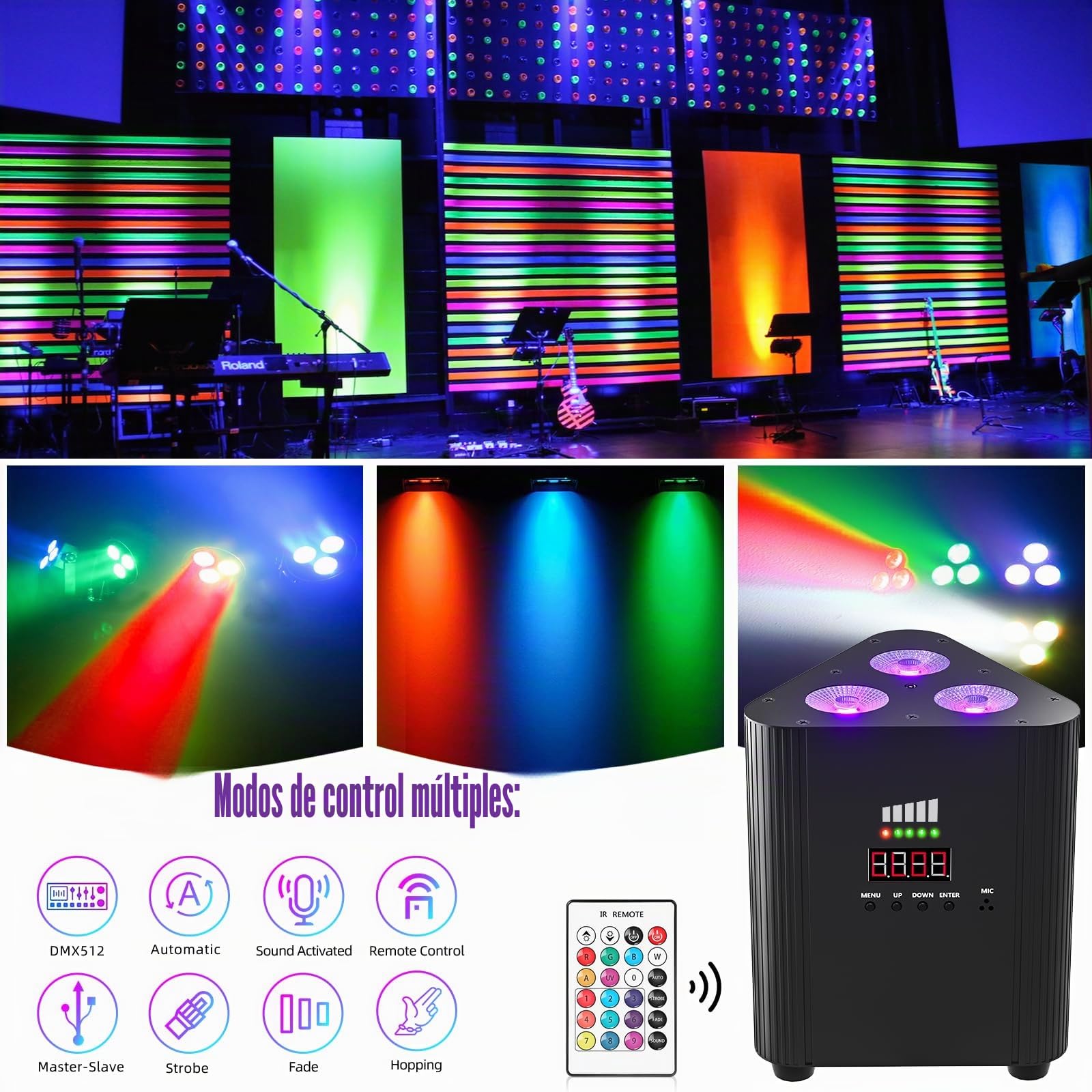 Batería RGBW de 3 LED par con mando a distancia, 4400mA recargable, foco DMX LED par con pantalla de potencia, inalámbrico, luz de escenario para DJ, KTV, discoteca, fiesta, boda, Navidad