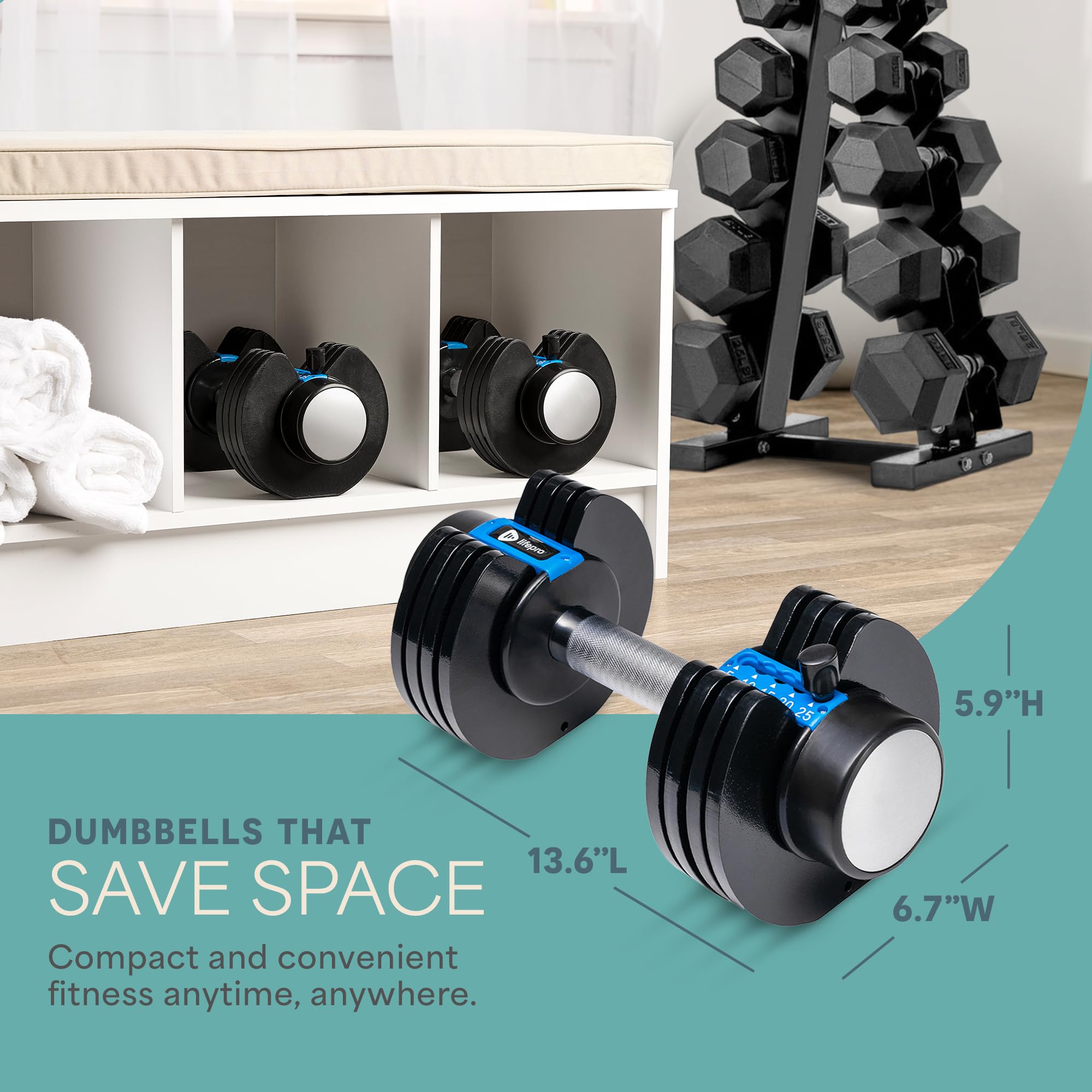 Lifepro Adjustable Dumbbells Set - 5in1-15lb 25lb 43lb 55lb weights Set & Single with Rack - Quick Adjust, Secure Grip - Compact Hand Weights for Men Women Home Gym