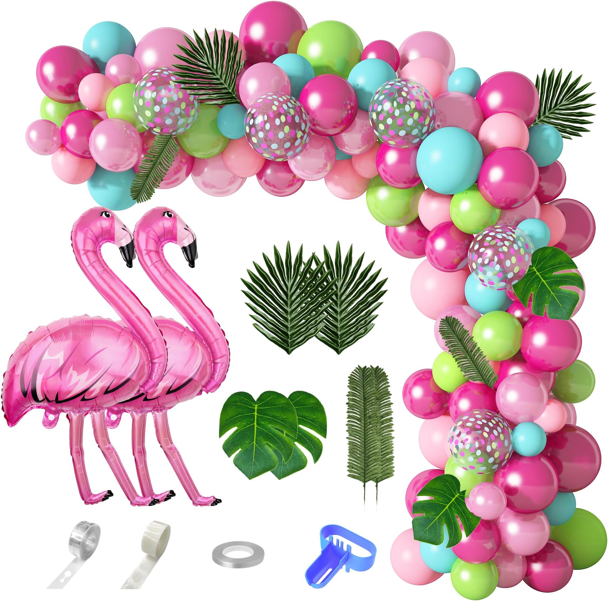 142Pcs Tropical Flamingo Balloons Garland Arch Kit, 40" Flamingo Balloons Hot Pink Green Confetti Balloons Palm Leaves for Hawaii Luau Aloha Flamingo Birthday Party Baby Shower Wedding Decorations