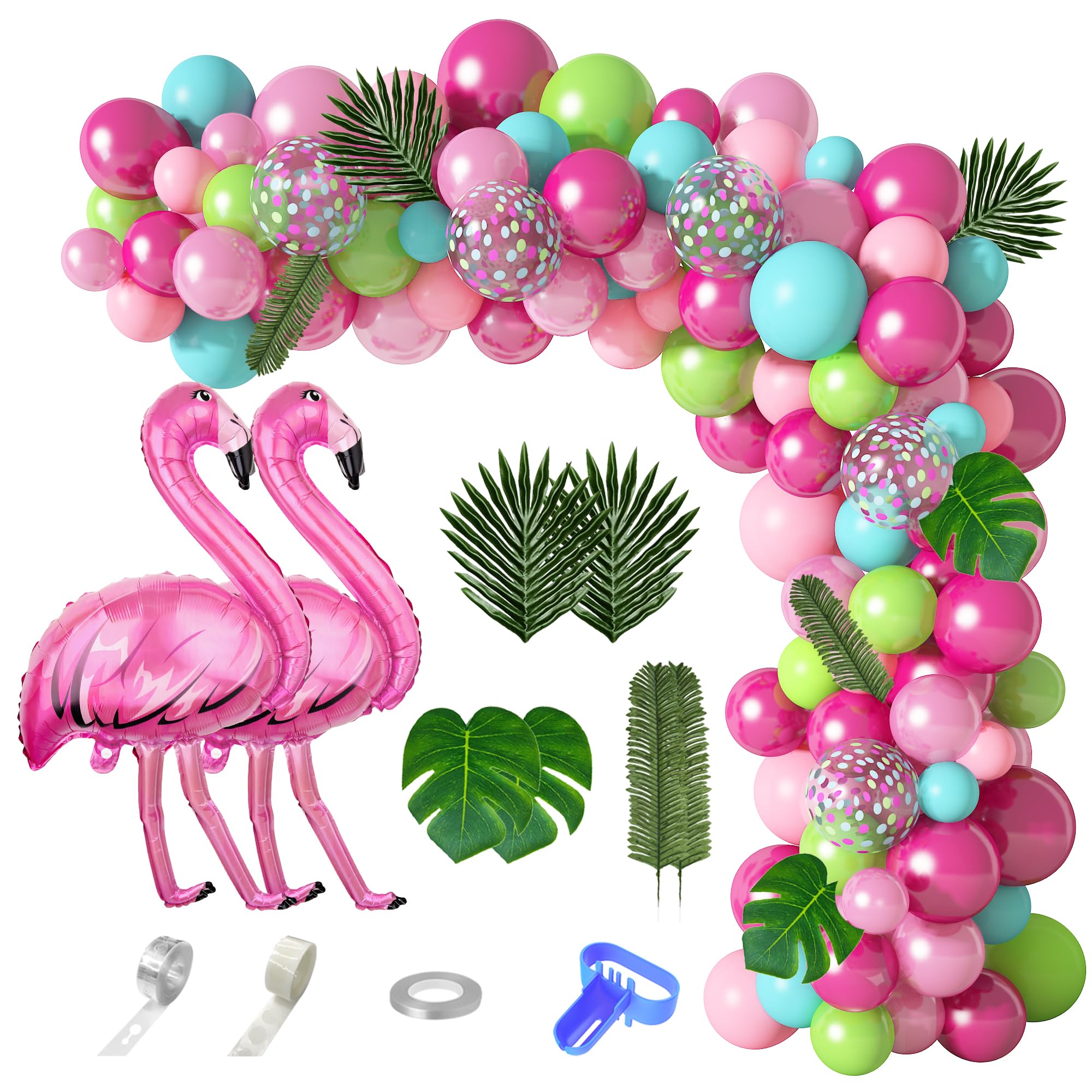 Photo 1 of 142Pcs Tropical Flamingo Balloons Garland Arch Kit, 40" Flamingo Balloons Hot Pink Green Confetti Balloons Palm Leaves for Hawaii Luau Aloha Flamingo Birthday Party Baby Shower Wedding Decorations