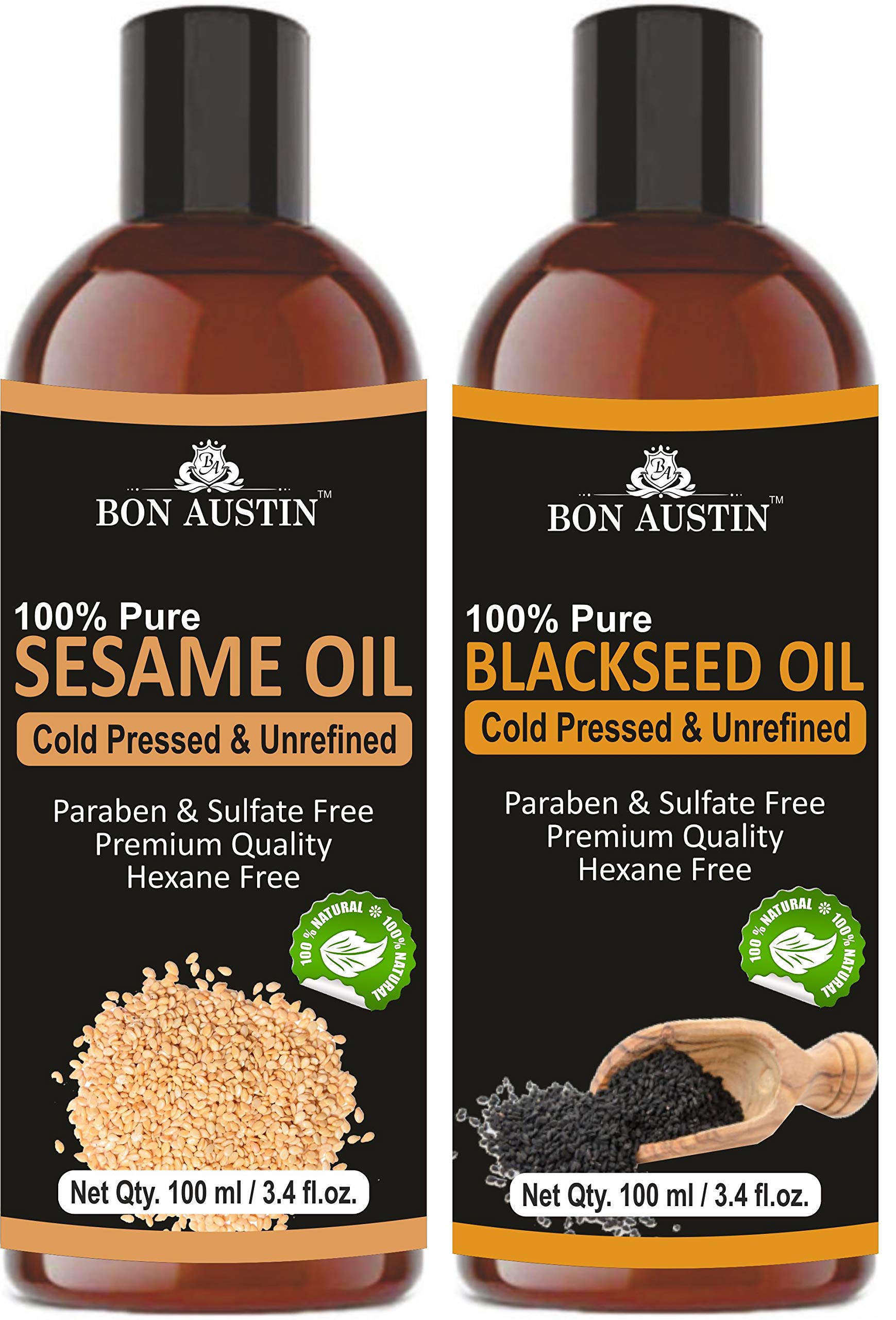 Bon Austin Premium Natural Sesame Oil & Blackseed(Kalonji) Oil Combo pack of 2 bottles of 100 ml(200 ml)
