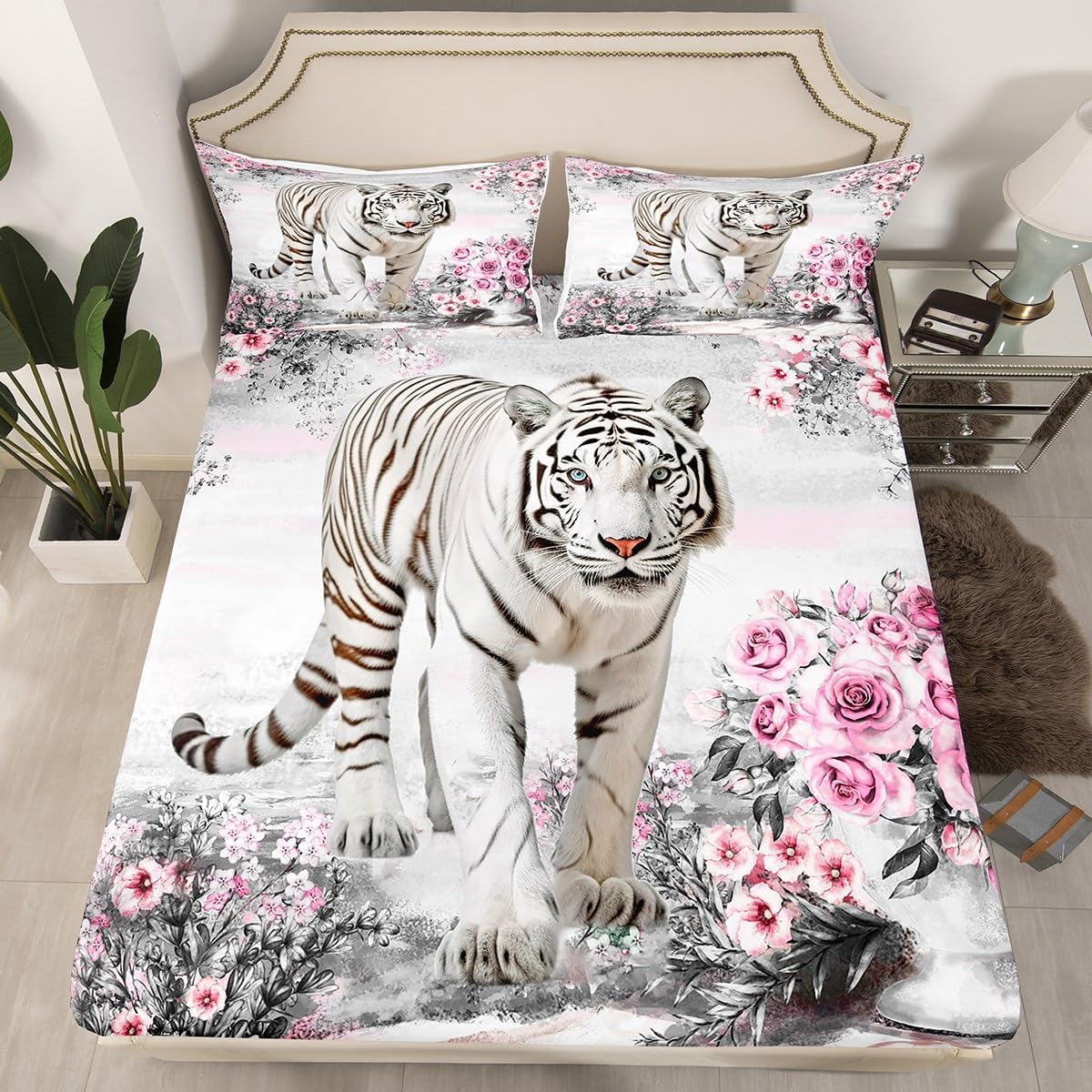 Castle Fairy White Tiger Bed Sheet King Set,Pink Rose Flower Western African Wildlife Animal Sheet Sets Adults Room Decoration,Floral Botanical Bedding Set with Flat,Fitted Sheet,2 Pillow Cases