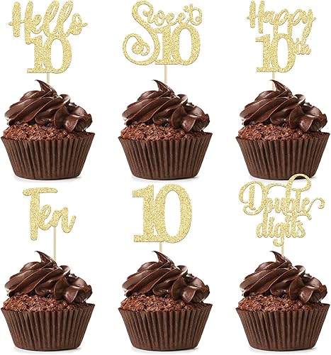 Miniatura 8 de 36 piezas de decoración para cupcakes de 10º cumpleaños con purpurina negra Hello 10 Ten Cupcake Picks Sweet 10 Double Digits Cake Decor for 10th