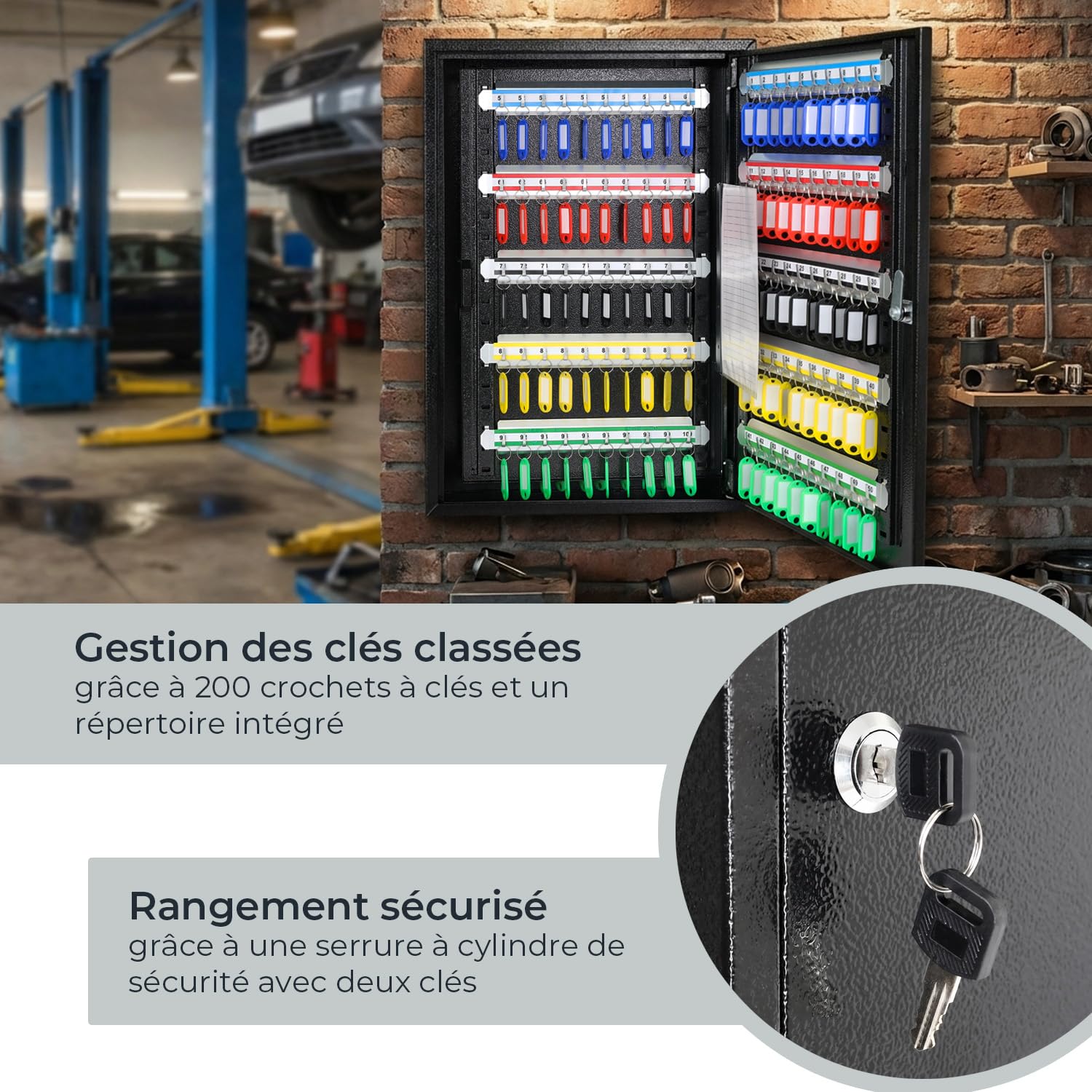 HMF Armoire à clés Grande capacité en Acier, Boite a Clef Murale verrouillable pour Bureau, Administration ou Parc Automobile | 200 Crochets à clés | 55 x 38 x 14 cm | Noir