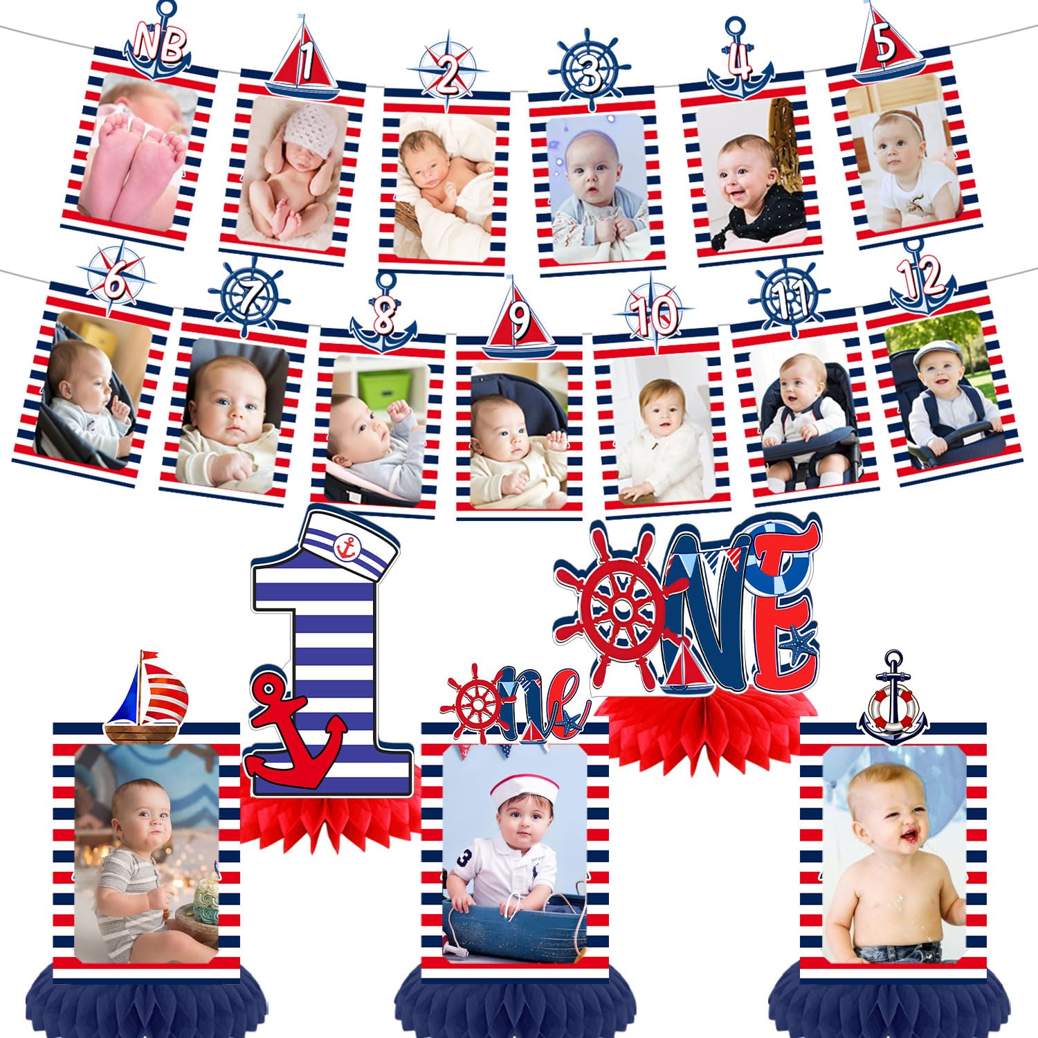 Nautical 1st Birthday Party Decorations, Anchor Sailboat 12 Monthly Milestone Photo Banner Baby First Year Down Theme Photo Table Centerpiece for Baby