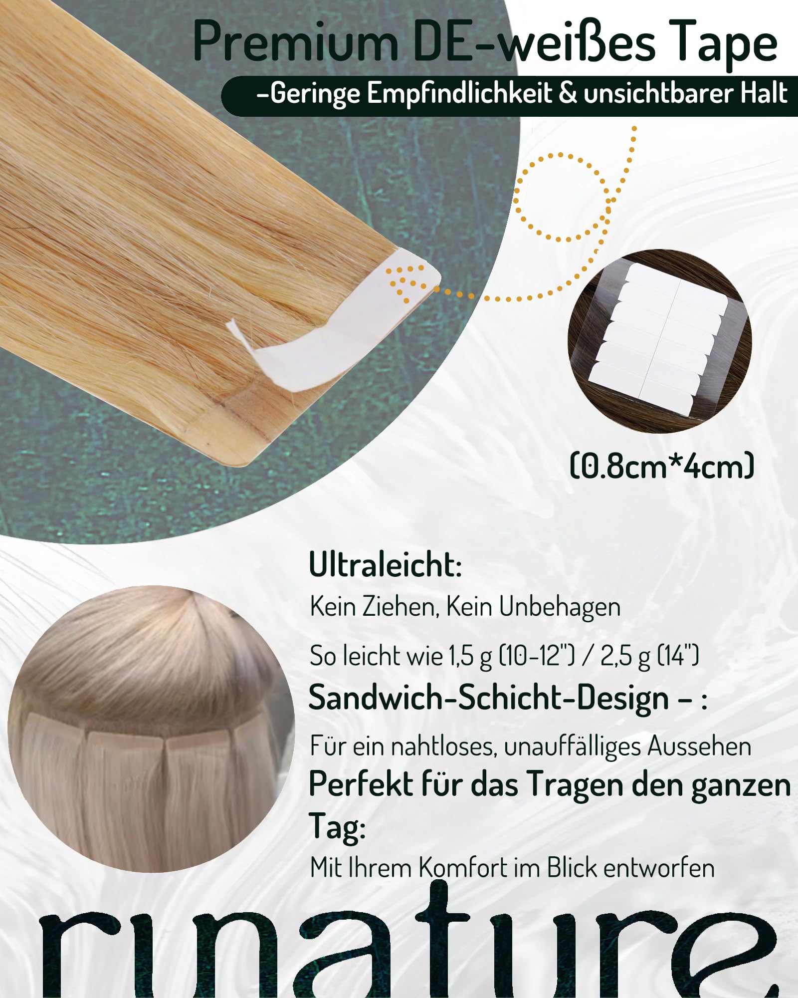 RUNATURE Extensions Echthaar Tape Blond Highlight 50cm 20pcs 50g #16P24 unsichtbar