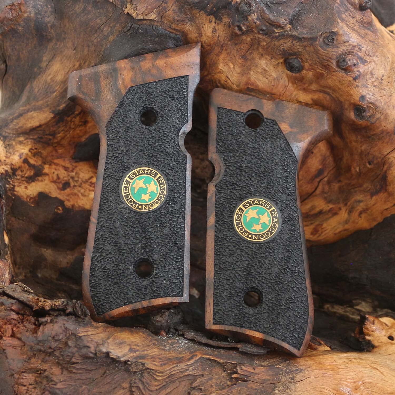 Beretta 92FS, 92, 92F, 92A1, 92FS INOX, 92G, 92D, 96, 96D, 96A1, M9A1 Compatible Samurai Edge Raccoon City Stars Logo Grip (Root Walnut)