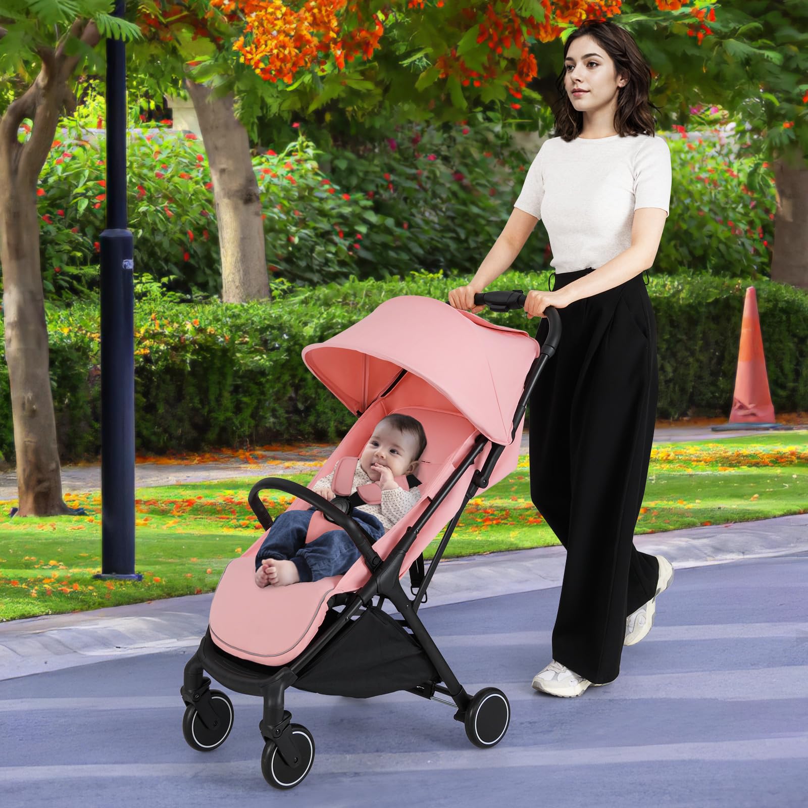 COSTWAY Poussette Canne Bébé 0-3 Ans(Charge 15 kg) avec Dossier & Repose-pieds Réglables, Pliable à une Main, Pousette Légère et Compacte en Aluminium avec Auvent & Frein, Harnais à 5 Points, Rose