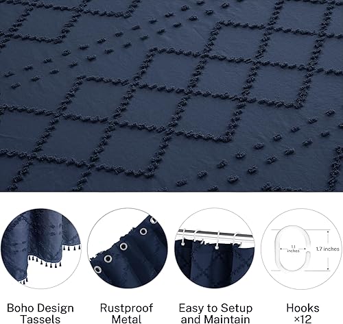 Miniatura 6 de Siiluminisoy Cortina de ducha extra larga de estilo bohemio de tela tejida azul marino de 84 pulgadas, cortina de ducha de 72 x 84 pulgadas, cortina
