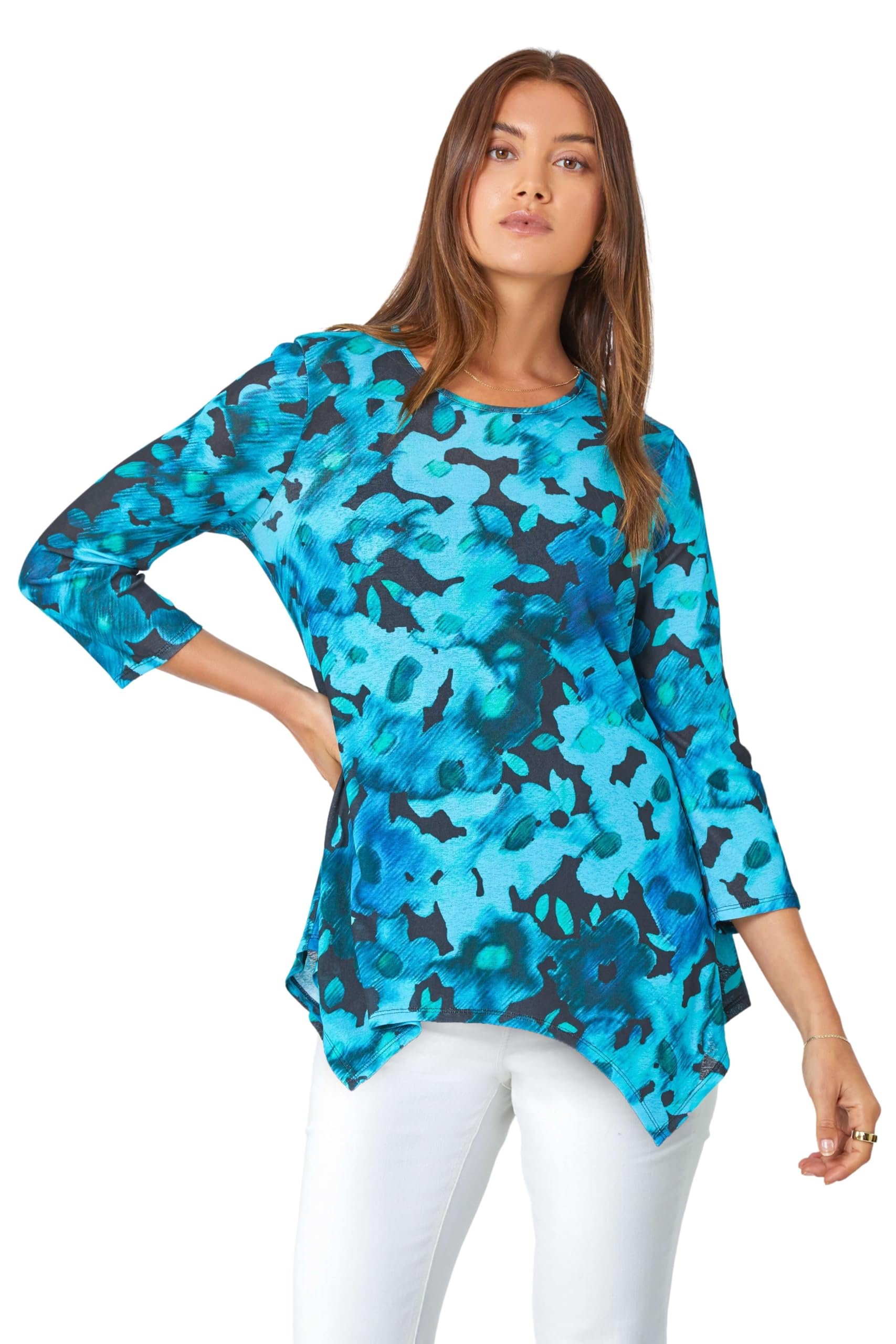 Roman Originals Women's Teal Floral Print Mesh Hanky Hem Top For Uk - Everyday Autumn Winter Round Neckline Comfy Soft Evening Vacation Work Party Night Out - Size 12