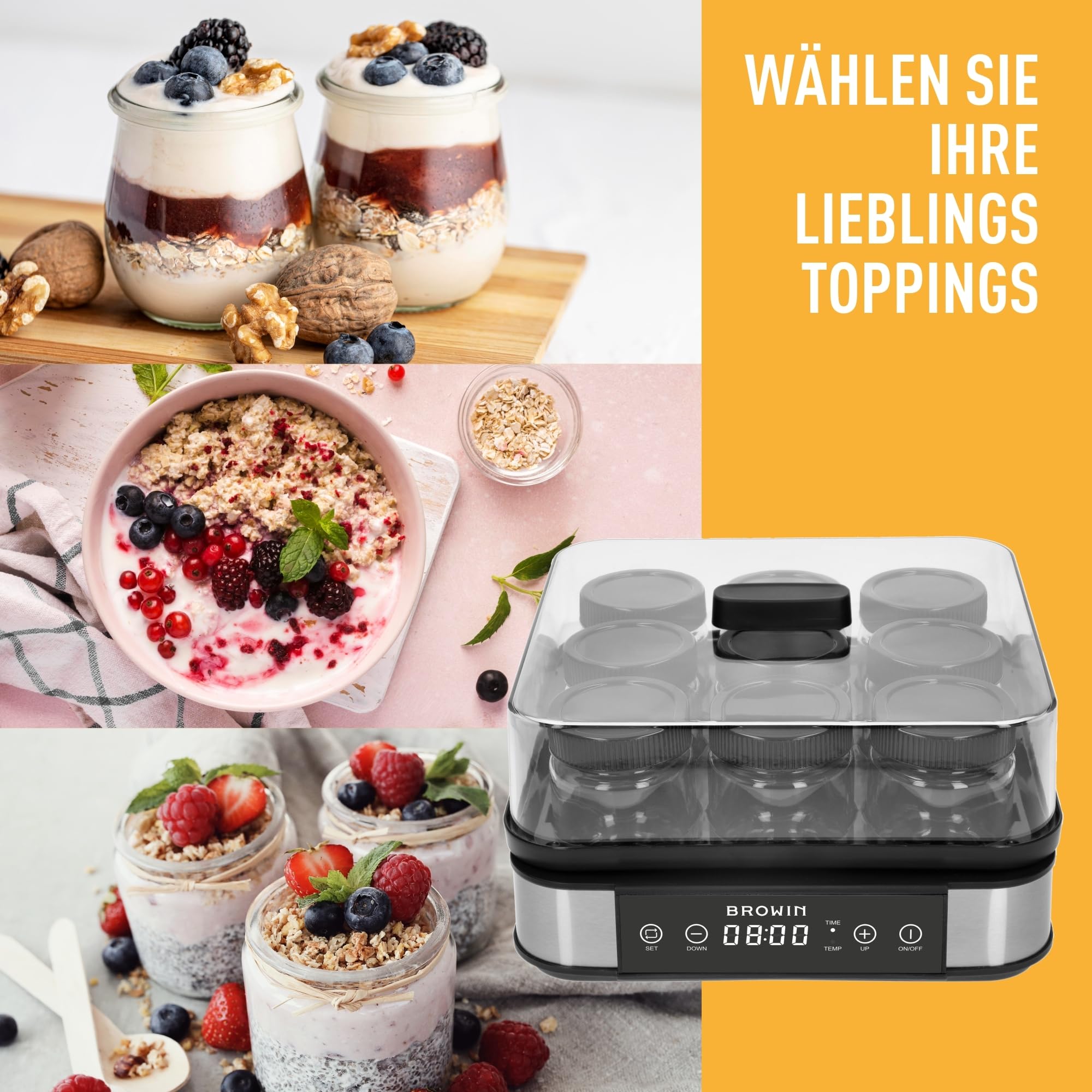 BROWIN Joghurt-Maker mit Thermostat, Joghurtbereiter mit 1,6 l Fassungsvermögen, 9 Gläser, Weiß | Temperaturbereich: 25-65°C | ür selbstgemachten Joghurt, enthält 9 Joghurtgläser mit Deckel