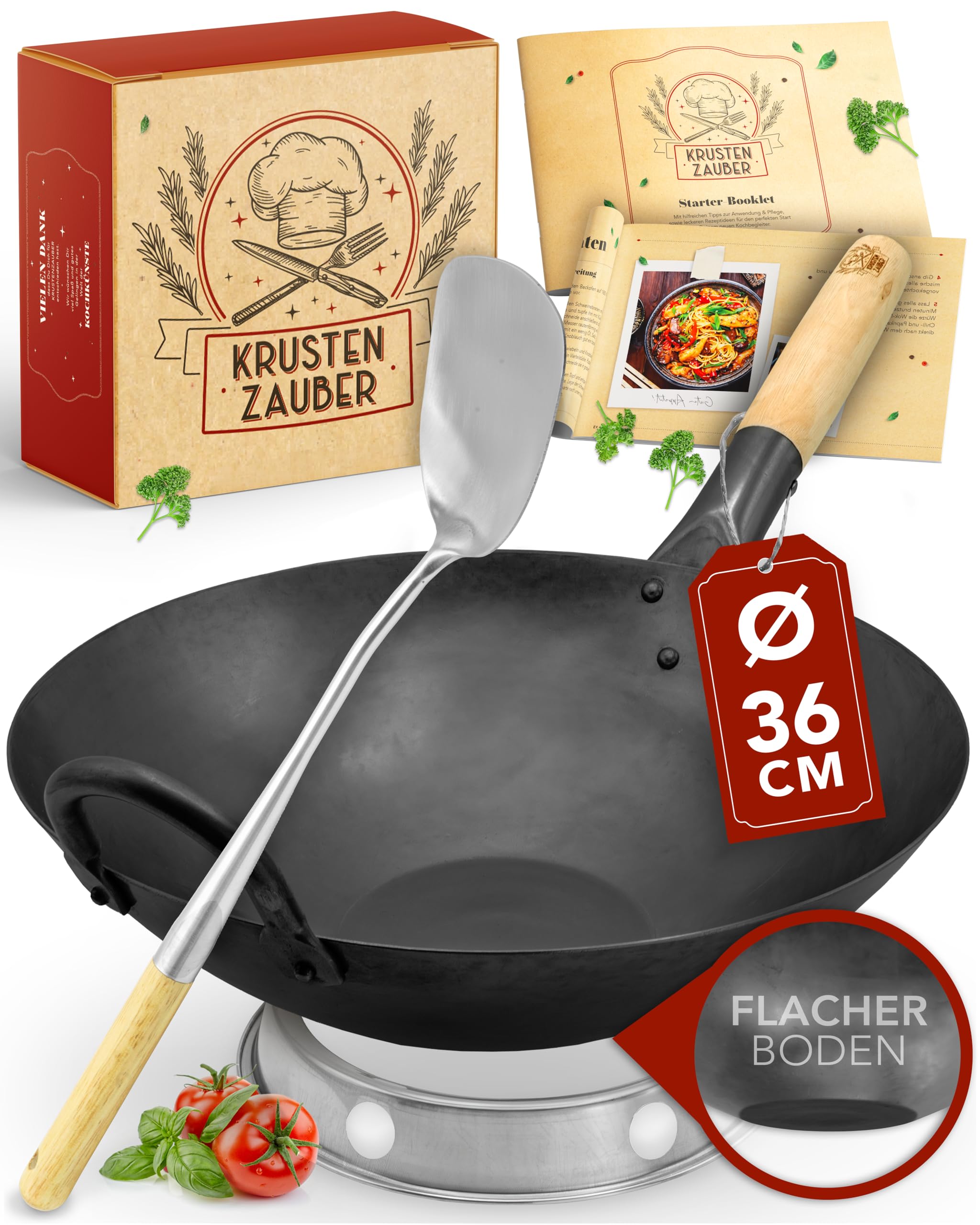 KRUSTENZAUBER 36cm Wokpfanne Induktion Voreingebrannt - Traditionelle Stahlwokpfanne Mit Wokwender und Wokring - Pfanne, Induktion, Woklette, Zubehör, Carbon Steel Karbonstahl