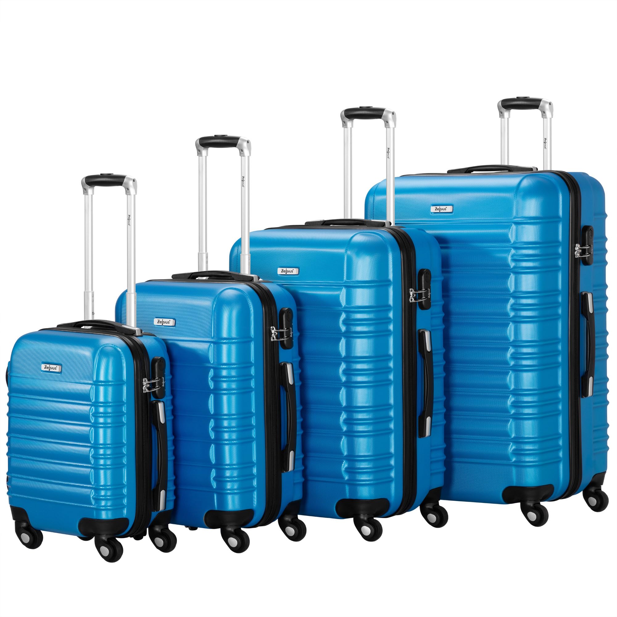 Zelsius Koffer Set 4 Stück, Blau | ABS Hartschalenkoffer mit Zahlenschloss, 4 Rollen und Innen Trennwand | Handgepäckkoffer, 4 teilig, Trolley, Groß, Luggage Set