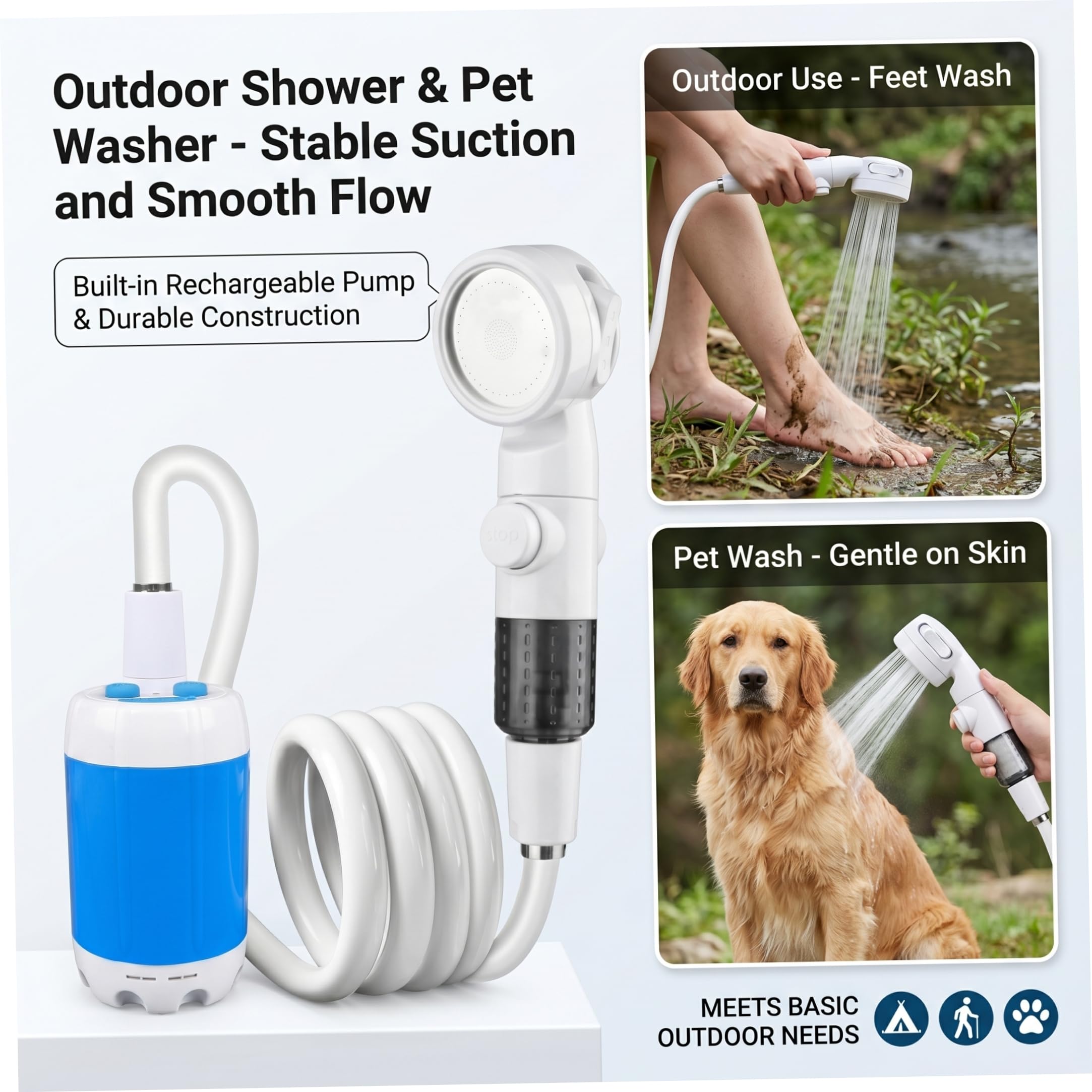 Douche de Camping Portable, Douche de Camping Rechargeable, Pompe USB extérieure pour -Car, Voyage, Plage, Bain pour Animaux Compagnie, arrosage, 2 Niveaux