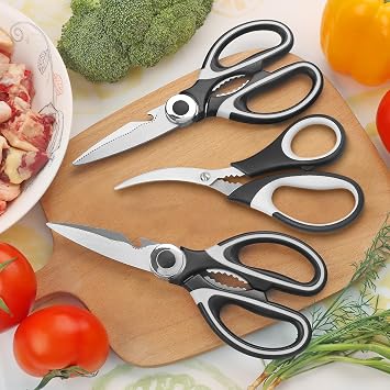 Kitchen Scissors, Multi-Purpose Heavy Duty Meat and Poultry Shears, Stainless Steel Blades, 2 Meat and Poultry Shears, 1 Seafood Shear, Black, Set of 3
