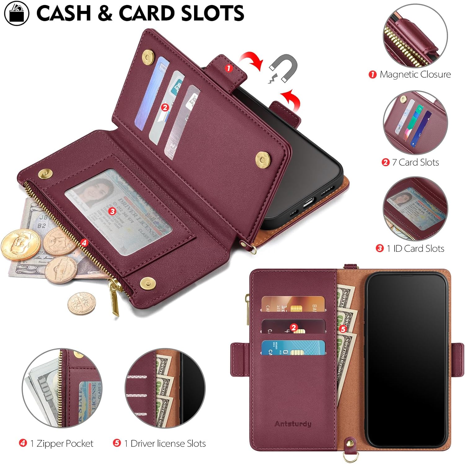 Antsturdy Compatible with iPhone Air Wallet Case for Women【RFID Blocking】 Crossbody Phone Case PU Leather Zipper with Wrist Strap Flip Cover Credit Card Holder for Apple 17 Air 2025,Wine Red - Image 4
