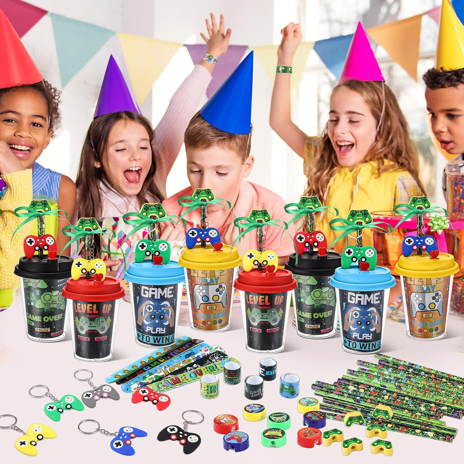 218 Pcs Video Game Party Favors Set Includes Drink Cup with Lid Game Card Pencil Sharpener Eraser Stickers Slap Bracelet Keychain Stamp Sticker Ribbon for Gamer Birthday Party