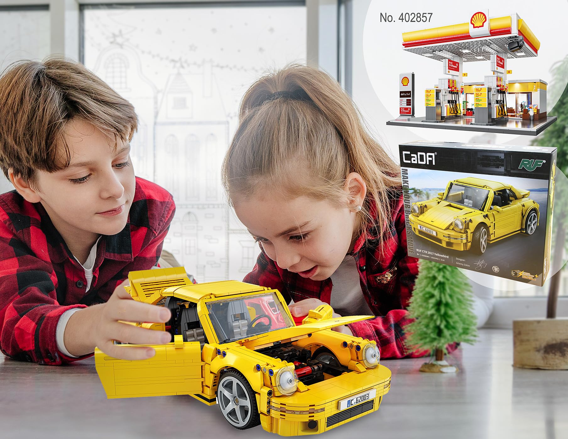 JAMARA 402854 CADA RUF CTR 2017 Yellowbird 1:12 Bricks, Spielzeugauto, Sport Rennwagen für Kinder ab 8 Jahre, Set aus Klemmbausteinen, Geschenkidee für Kids, Türen manuell