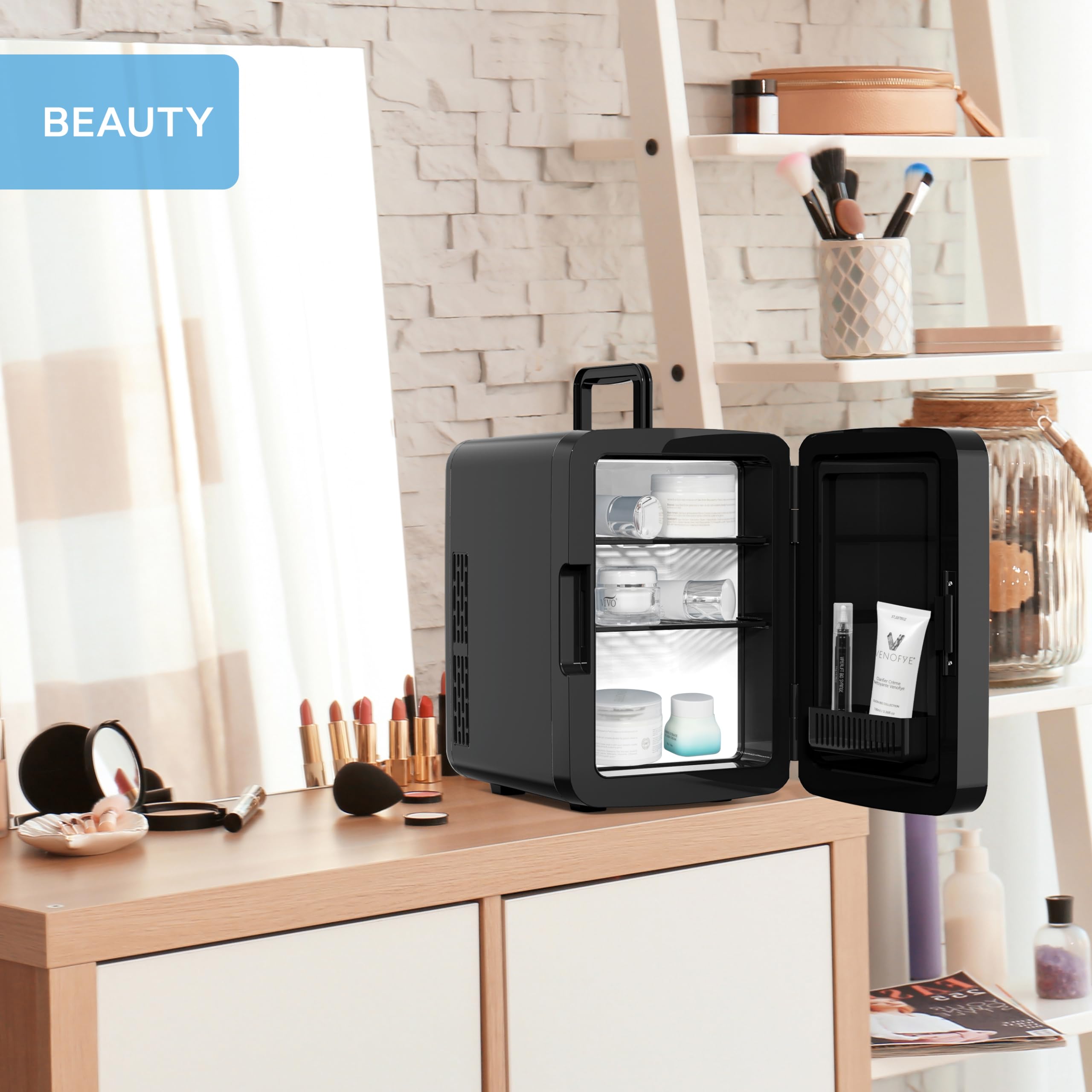 Body Escape Mini Fridge For Skincare & Make-Up - Glass Door Beauty Mini Fridges - Birthday Gifts For Her Skin Care - Portable, Compact, Small & Quiet Skincare Fridge For Makeup - 10L Black