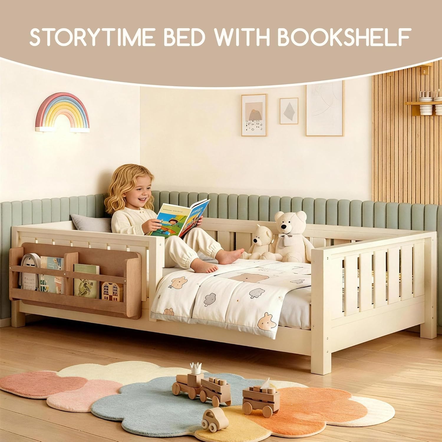 Bellemave Full Size Floor Bed Frame with Fence & Bookshelf, Solid Pinewood Montessori Floor Bed Full with Slats Load 450LBS, Low Profile Floor Bed for Kids, Bedroom, Nursery, Easy Assembly,Beige