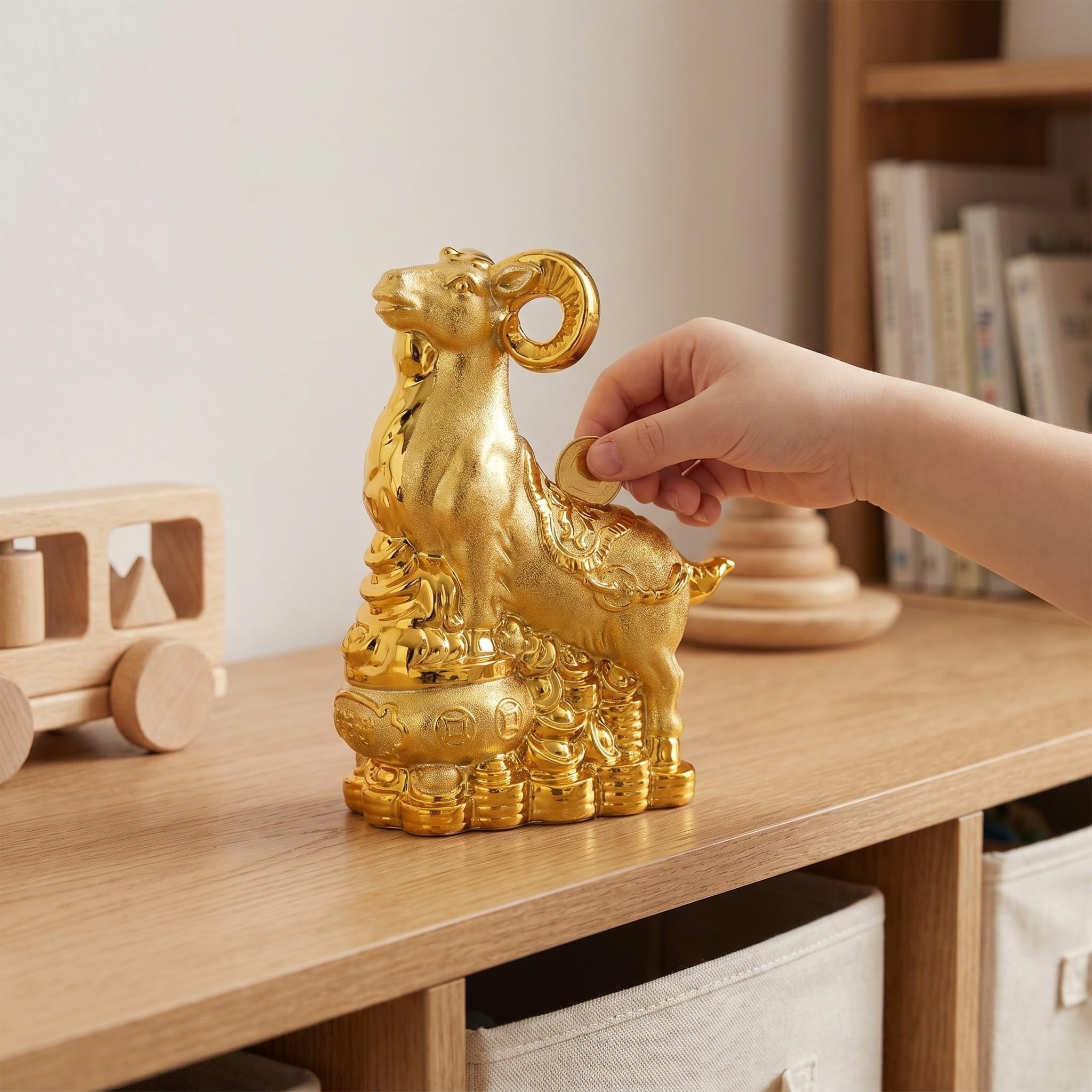 Goldene Keramik Ziegen Spardose mit Münzfach und Schale