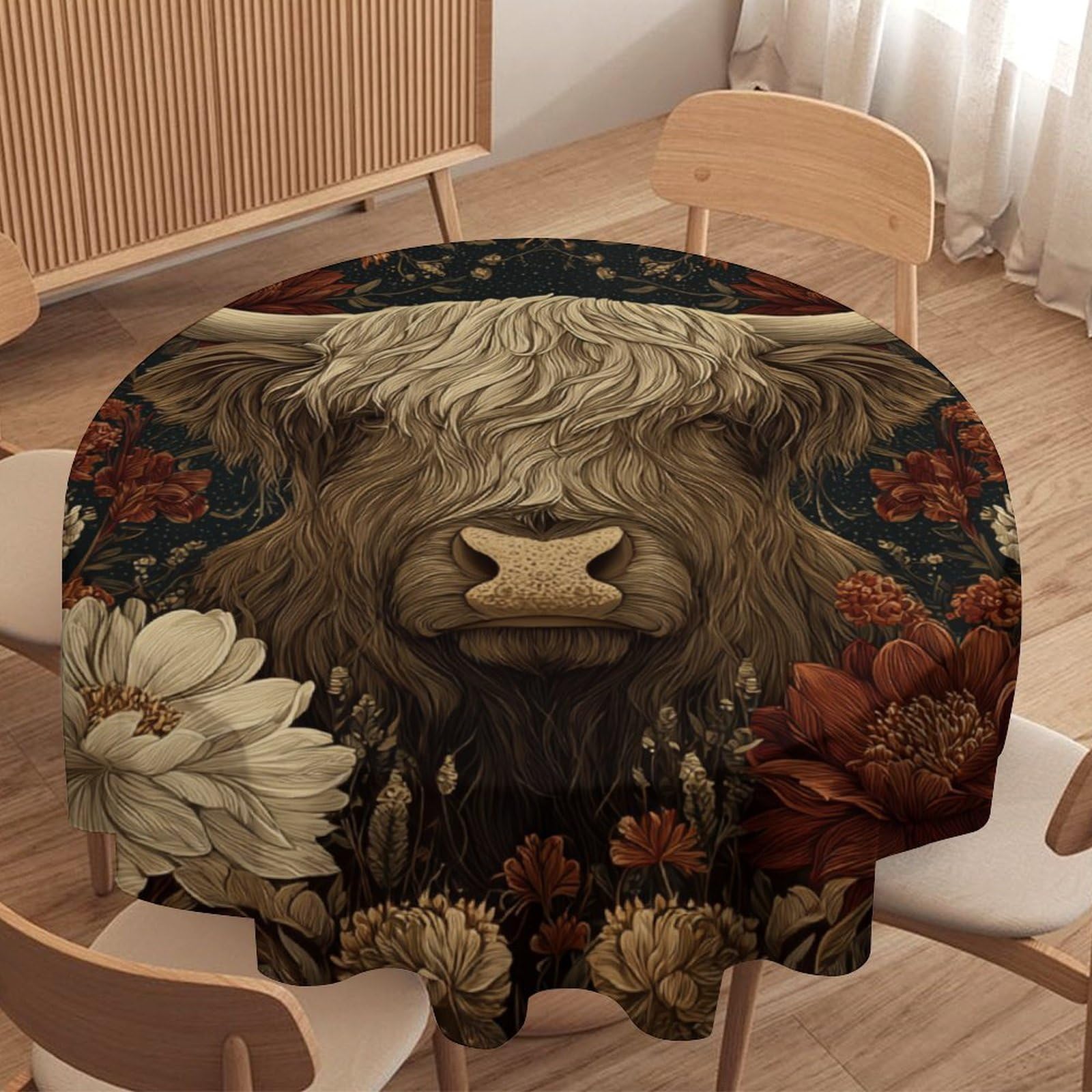 LUYYSKY Beautiful Oil Painting Highland Cow Round Tablecloth Classic Boho William Morris Plant Flowers Animal Cow Print Washable Decor for Table Cover for Kitchen-152.4" Wx152.4 L cm