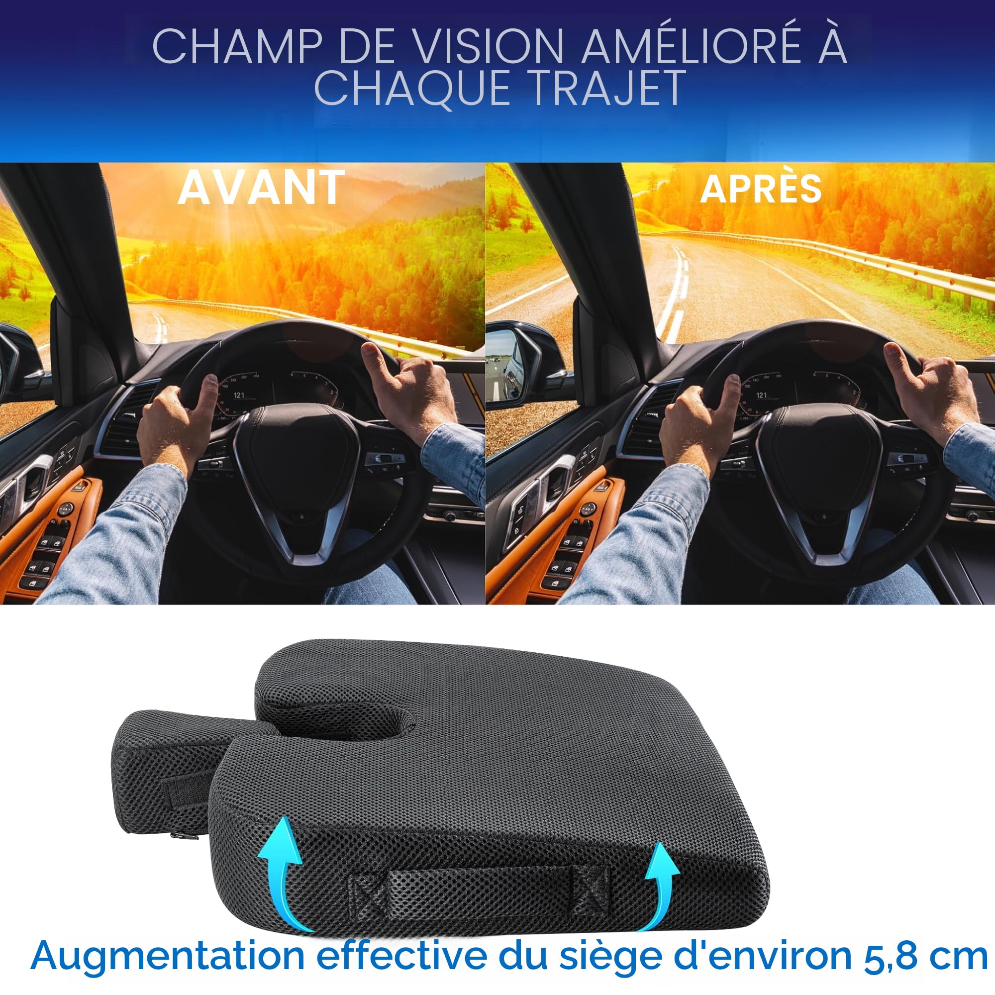 Healthfix® Coussin cale de voiture - Coussin de siège orthopédique ergonomique antidérapant et lavable - Mousse à mémoire de forme - Dureté - Doux (45-70 kg)