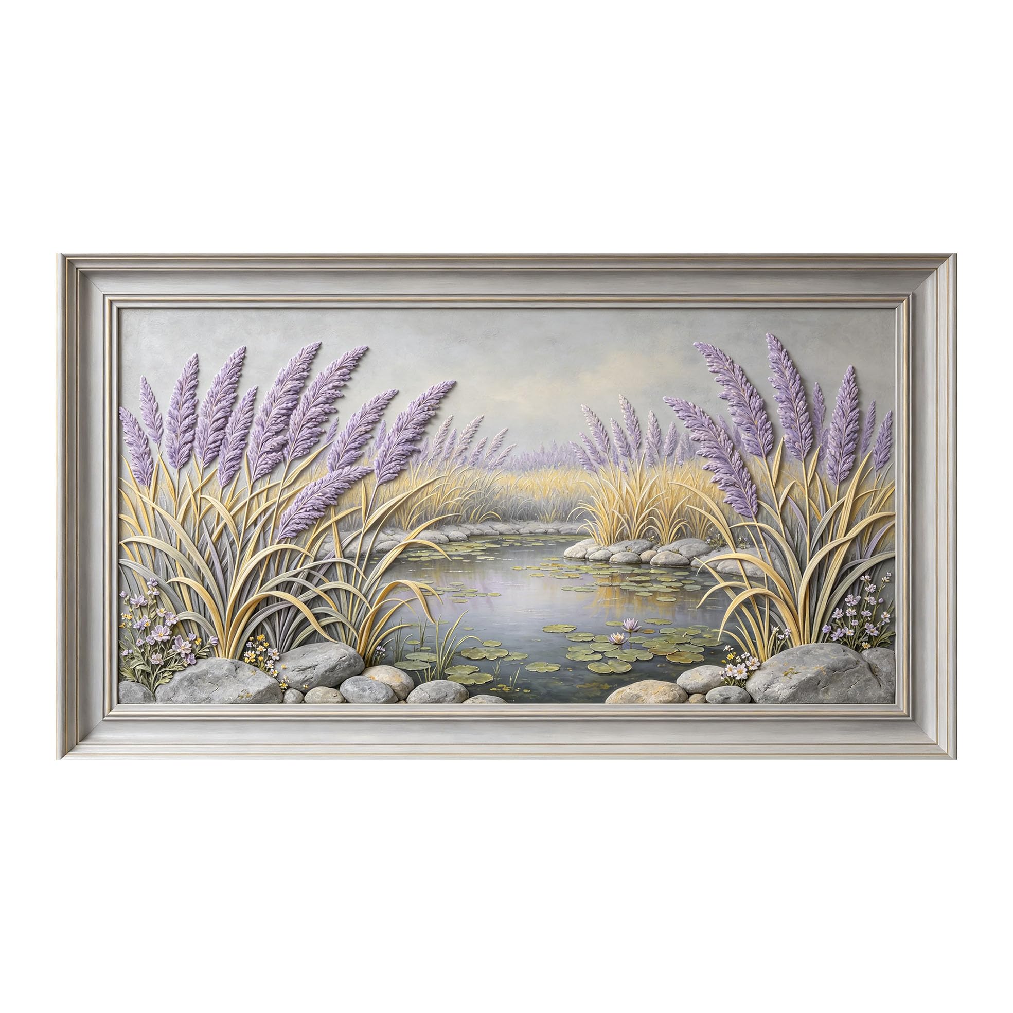 Murasolite 3D Framed Wall Art Lavender Reeds Lakeside Landscape Oil Painting SelfAdhesive Fabric Mural Wall Decor， Peel and Stick No Damage to Wall， AntiFall Safe Design for Bedroom Living Room