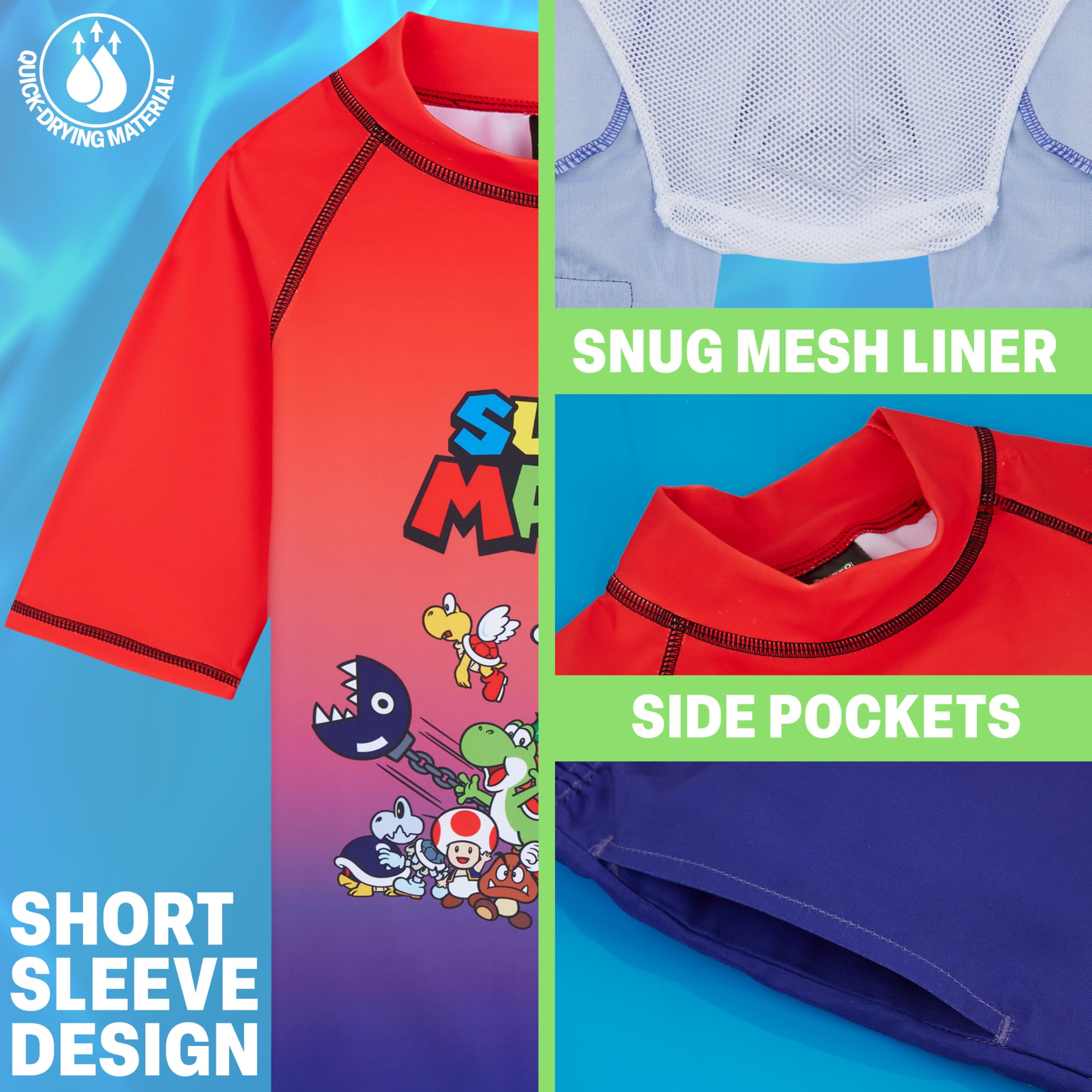 Get Trend Super Mario Maillot de Bain Enfant Garcon 7-13 Ans, 2 Pièces T-Shirt et Short de Bain, UPF 50+, Ete Cadeau Garcon
