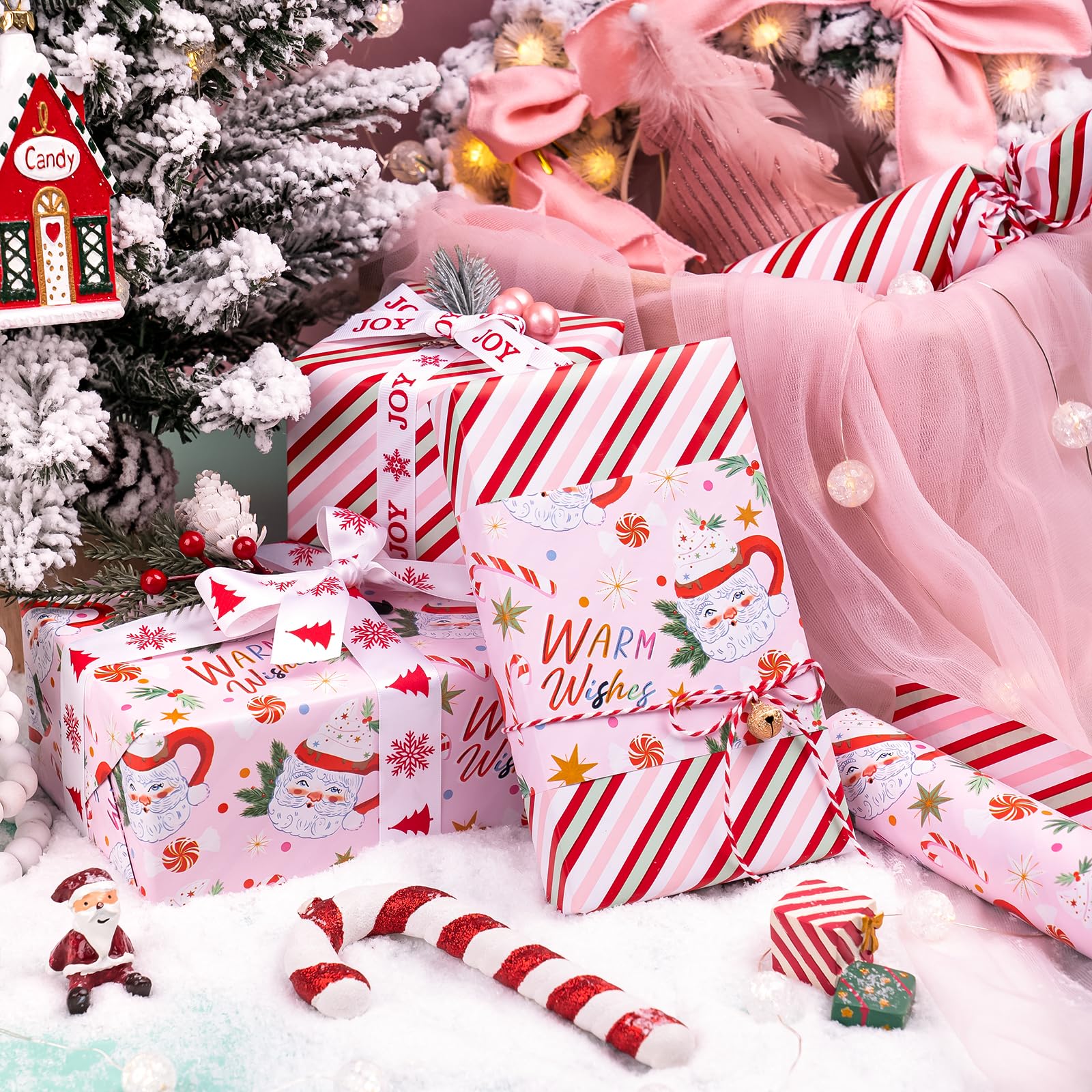 WRAPAHOLIC Wendbares Weihnachts-Geschenkpapier – 76,2 cm x 30 m, Jumbo-Rolle, rot und rosa, Weihnachtsmann-Tasse und Streifen-Design