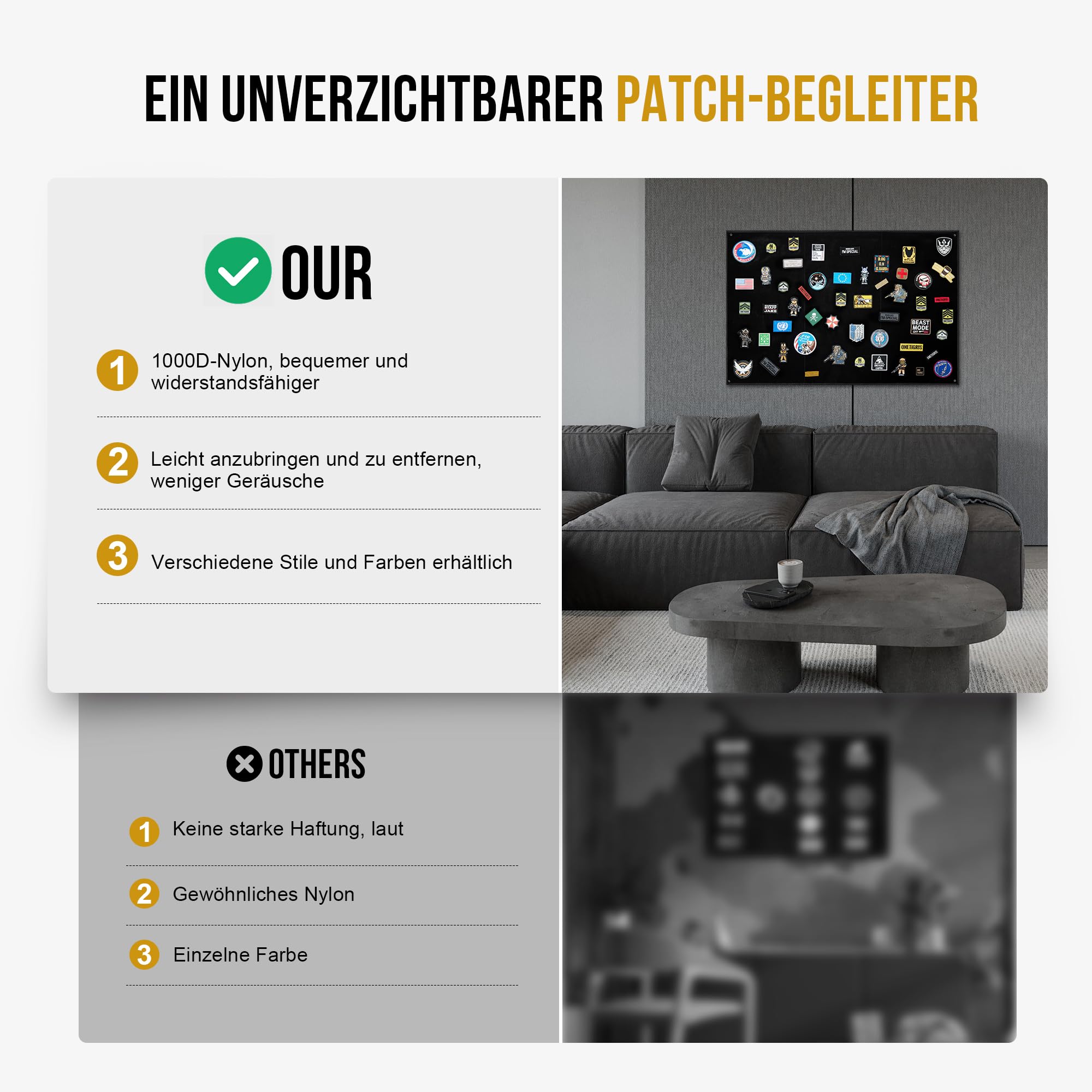 OneTigris Taktische Patch Wand, Flauschmatte für Patches, Namensbänder & ID-Tags – Wandhalterung für Sammler, Größe L: 109 x 70 cm/M: 45 x 58 cm