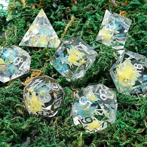Miniatura 4 de Haxtec Juego de dados DND de flores, dados de borde afilado con estuche de dados hechos a mano de resina azul y amarilla, juego de dados D&D para