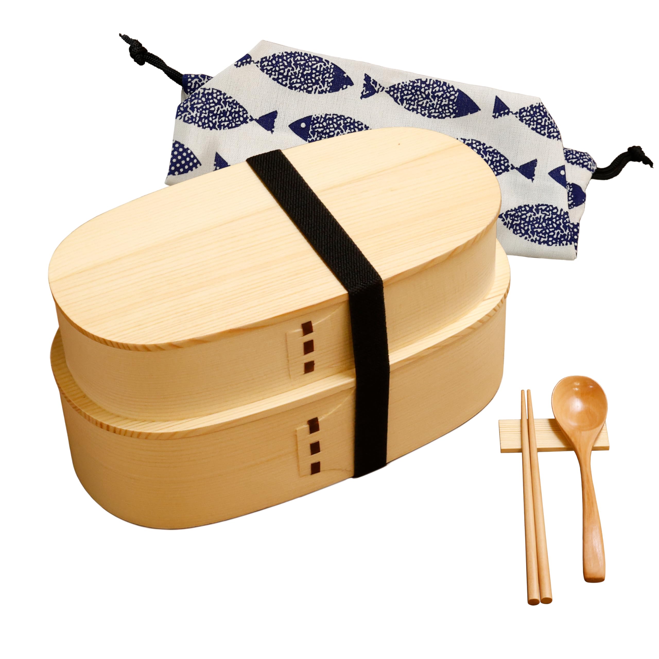 KIKUMO Cedar Bento Box 2-Tier 30oz Lacquer Chopsticks Spoon Bag Set