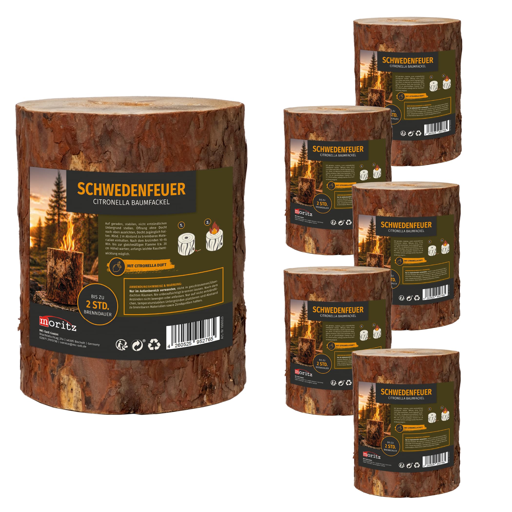 Moritz 6X Schwedenfeuer Citronella Geruch Baumfackel inkl. Anzünddocht Finnenfackel Gartenfackel Fackel Holz Partyfackel 1,5-2 Stunden Brenndauer 20cm hoch
