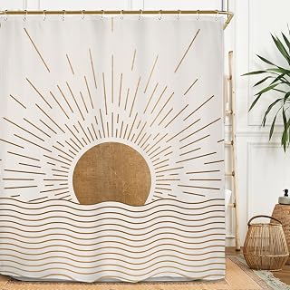 Miyotaa Sun Minimalist Shower Curtain Set 60Wx71H Inches Mid Century Sunrise Sunset Vintage Aesthetic Retro Polyester Waterproof Cloth Bathroom Curtain with 12 Hooks