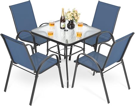 NUU GARDEN 5 Piece Patio Dining Set, Metal Outdoor Table and Chairs with 4 Stackable Chairs and 31.5" Square Table with Umbrella Hole, Patio Furniture for Lawn Balcony Garden, Blue and Black