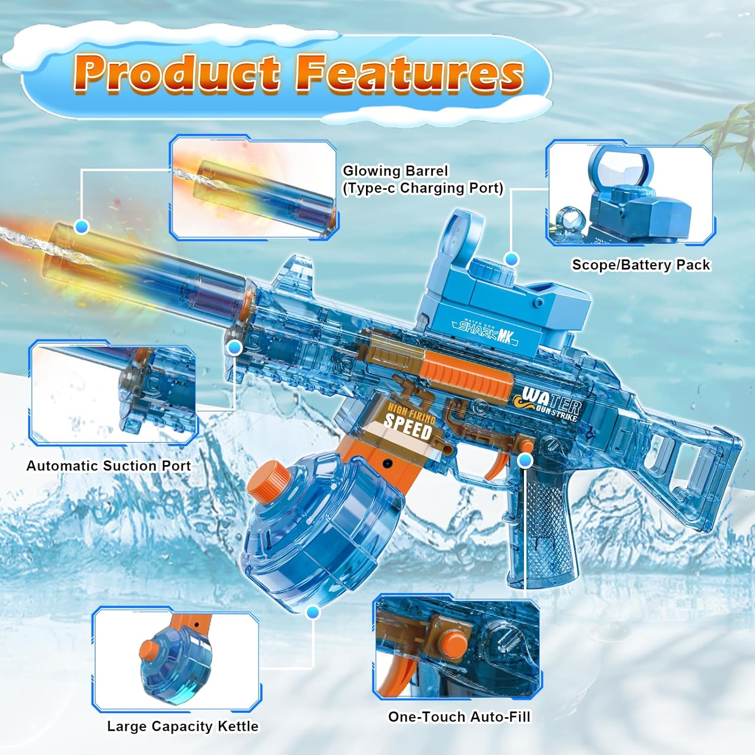 Electric Water Gun for Adults Kids, 2 pack Automatic Squirt Watergun pistol with Water spray sound and Led Light, Summer Outdoor Pool Beach Party Toys for Boys Girls, UMP45 Black and Blue