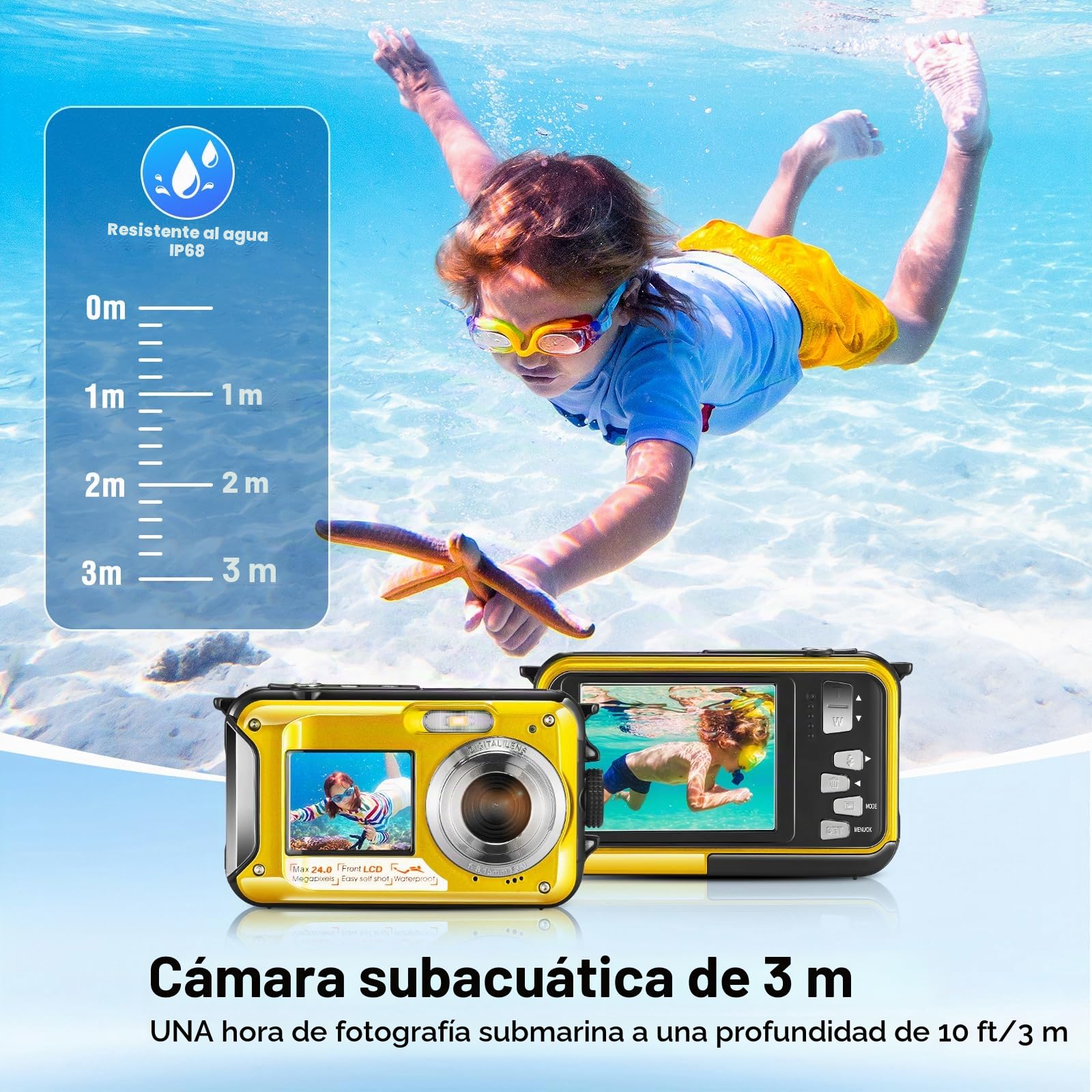 Cámara submarina Full HD 2,7 K 48 MP, impermeable, cámara digital con LED anti sacudidas (amarillo)