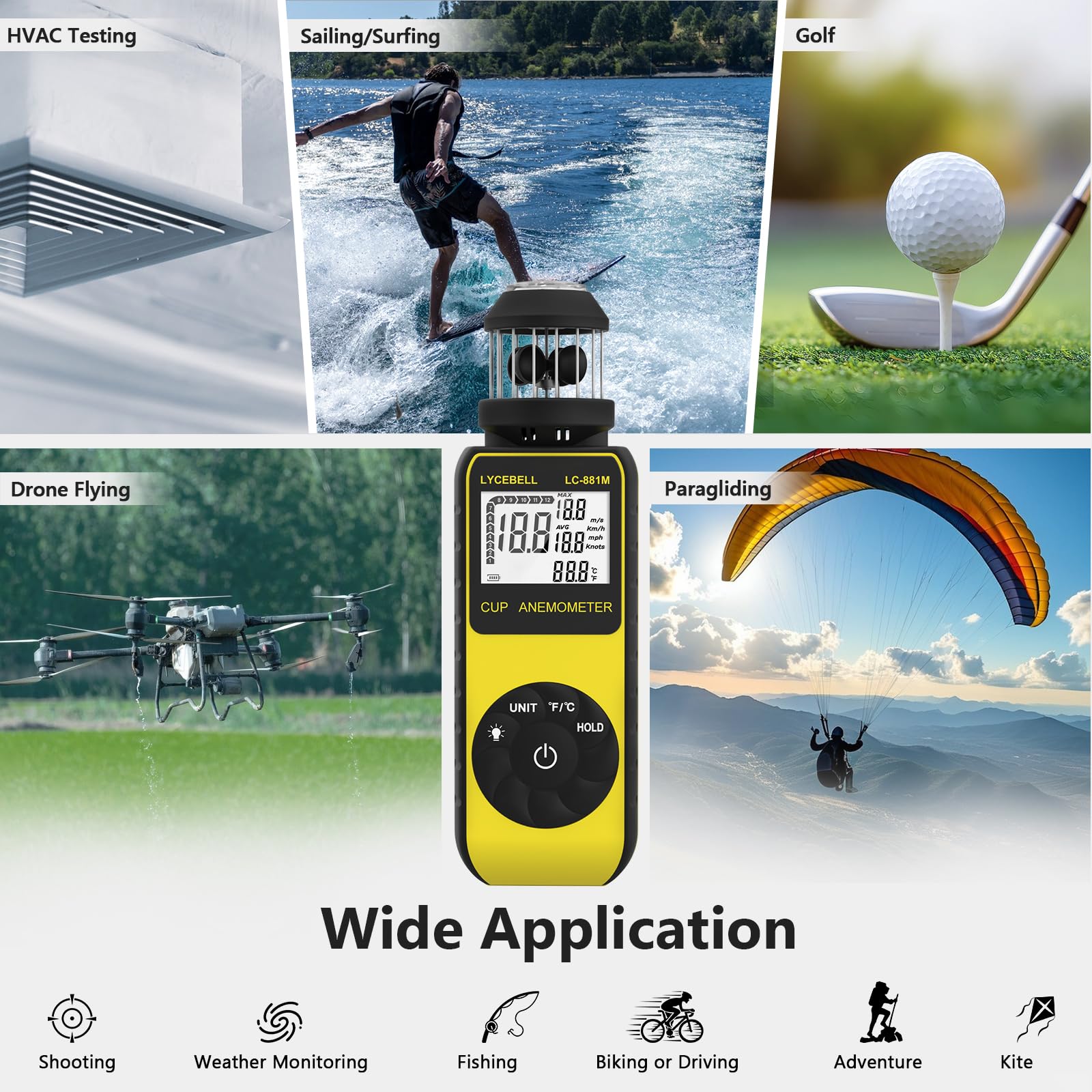 Anemometro portatile 881M, misuratore del vento digitale 0,7-42 m/s, misurazione della velocità del vento e della temperatura a 360°, con bussola, per HVAC, surf, vela, drone