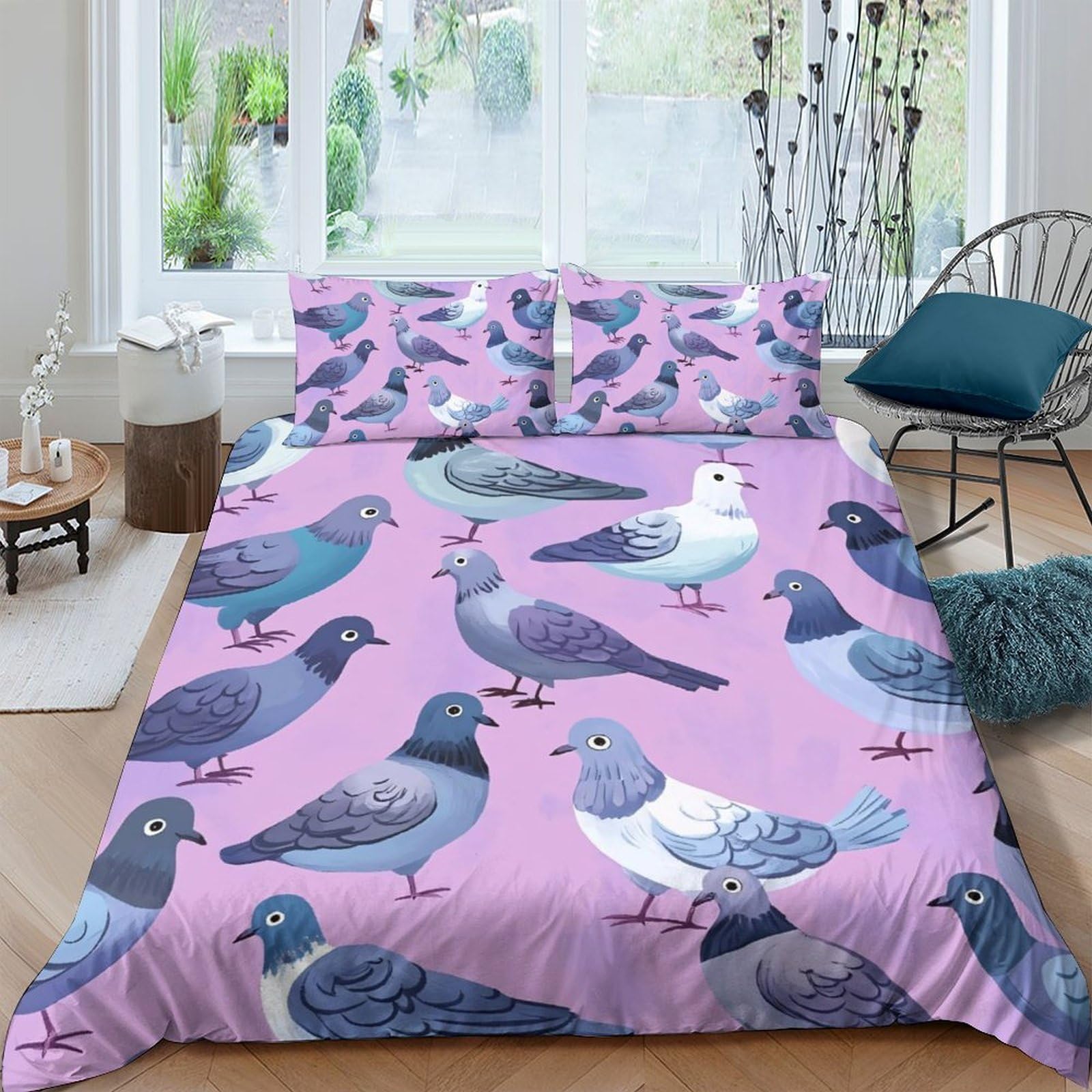 GPLZQXKJNH 3D Printed Cartoon Pigeon Duvet Cover Microfiber Soft Breathable Animal Bird Bedding Set with 2 Pillowcases for Bedroom Decor Single（135x200cm）