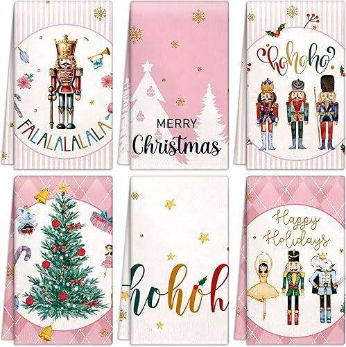 Zubebe 6 paños de cocina rosa cascanueces de Navidad de 18 x 28 pulgadas, toalla de cocina de soldado de Navidad, toalla de té de secado a mano para