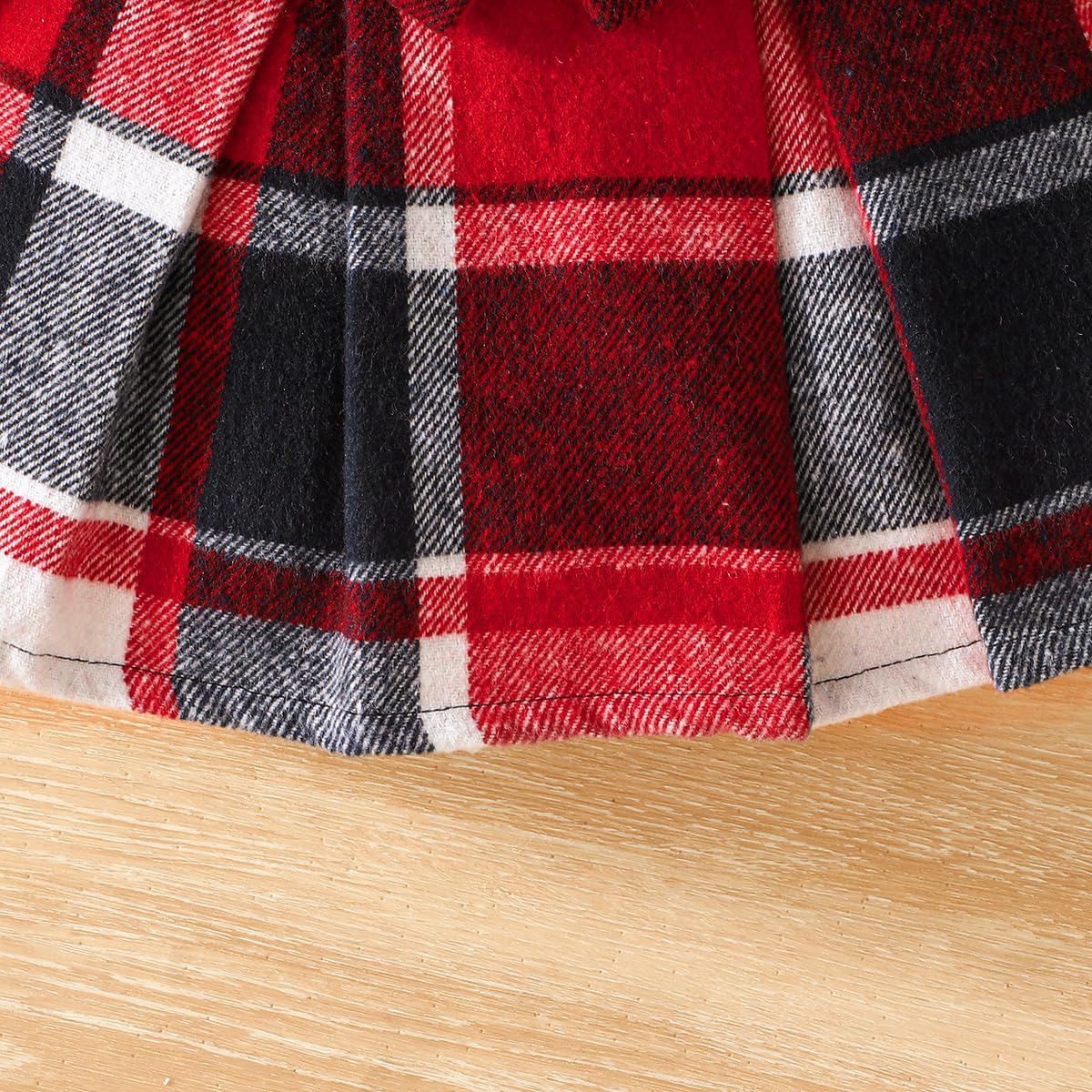 Toddler Baby Girl Plaid Dress Puff Sleeve Bow Patchwork Ribbed Shirts Dress Plaid Fall Winter Outfits with Headband - Image 7