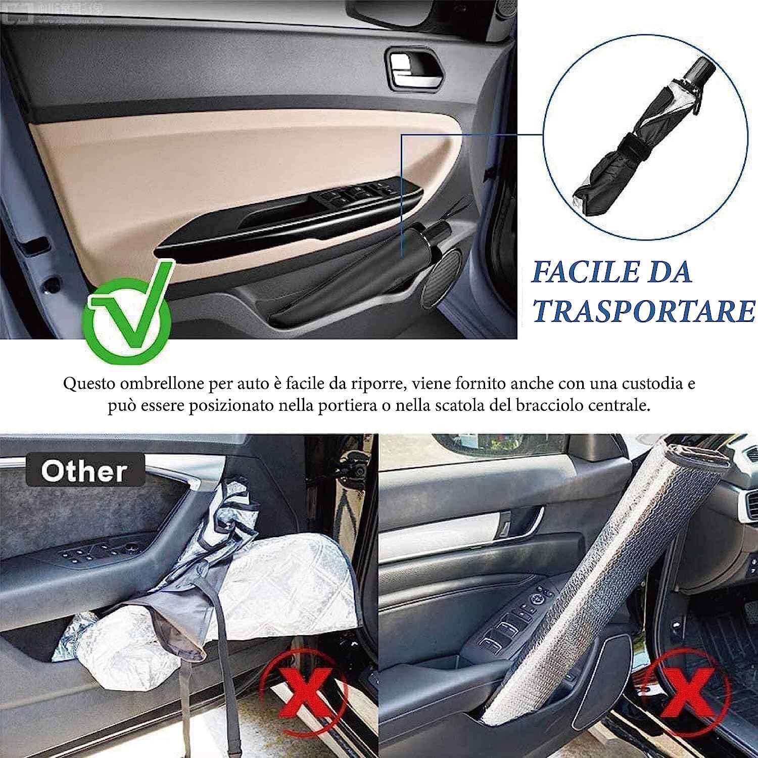 IDOR STORE Ombrello Parasole Pieghevole per Parabrezza Auto, Anti-UV, 130x77 cm, Universale, con Fodero