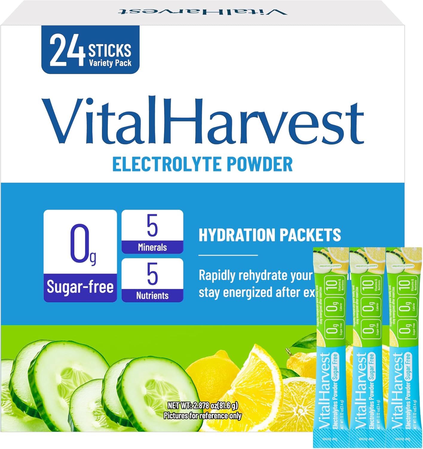 VitalHarvest 24 Sticks Electrolytes Powder Packets 7 Flavors Sugar Free Hydration Packets Liquid Daily IV Drink Mix, Low Sodium, Lemon Cucumber